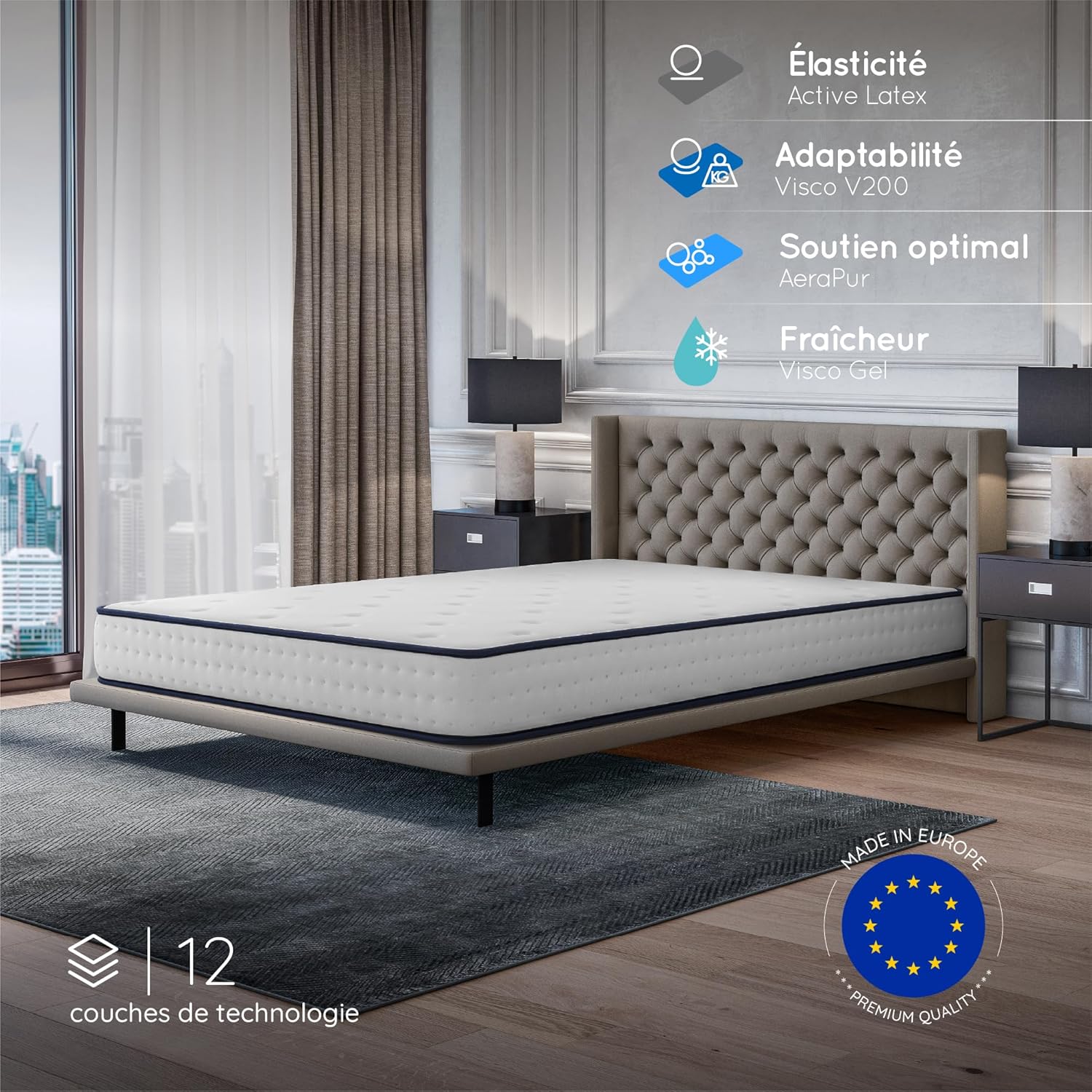 COSMOS - Upsilon - matelas 160x200, mémoire de forme, latex, 21cm, confort mi-ferme, 7 zones, réversible