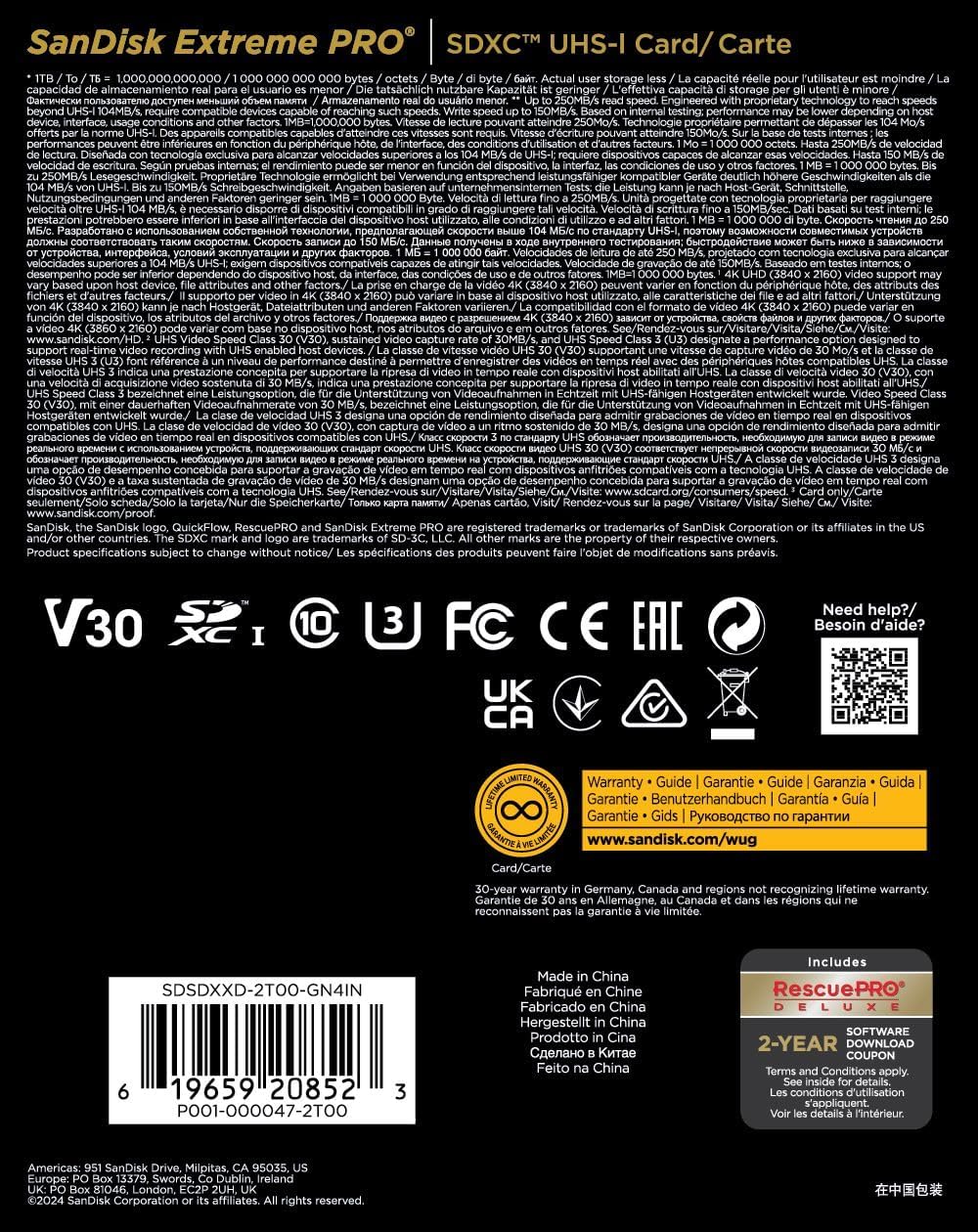 SanDisk - Extreme Pro SDXC - 2 To - 250 Mo/s, UHS-I, V30, RescuePRO Deluxe