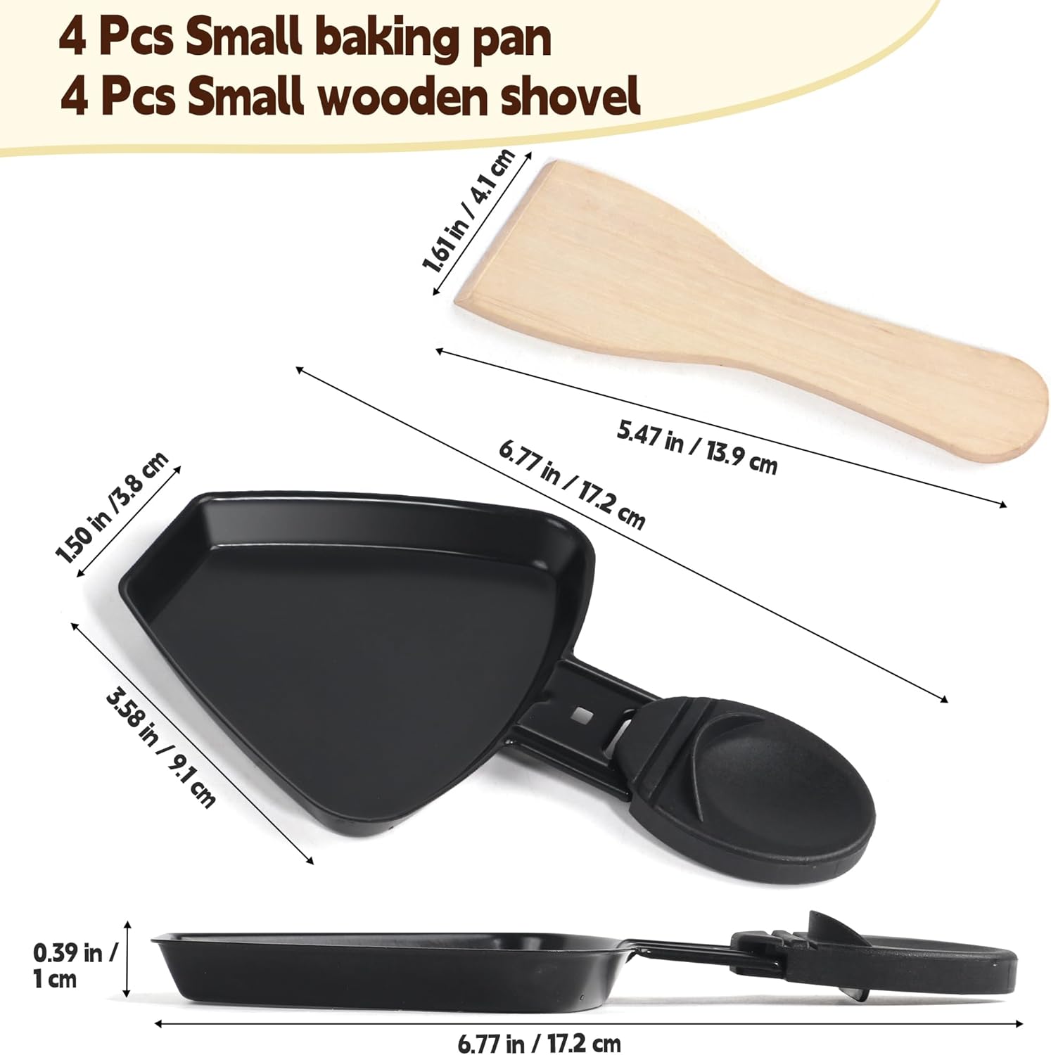 Poêlon raclette - mini 4pcs - fonte, antiadhésif, spatules bois, noir HengBO