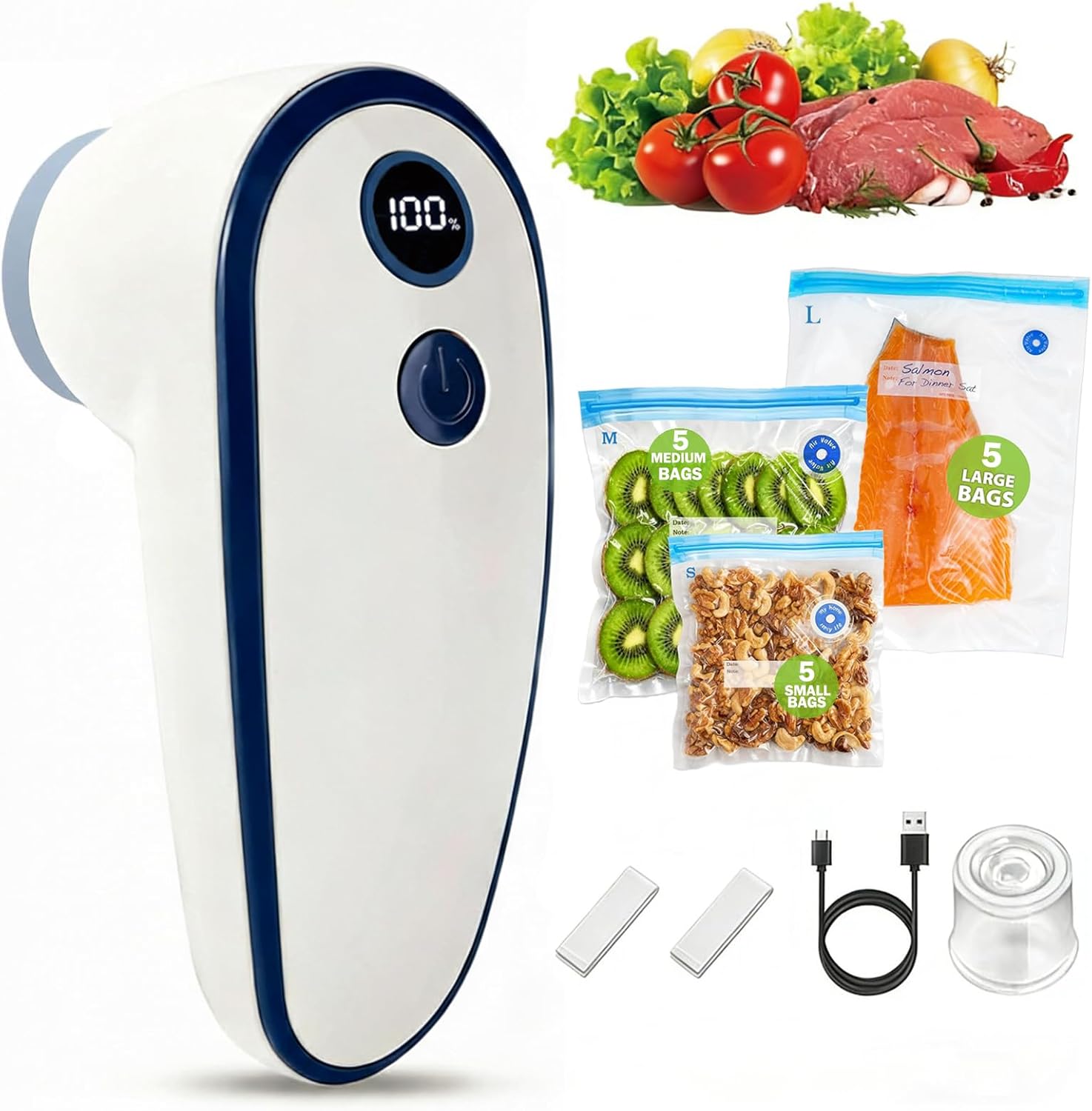 Pompe à vide alimentaire électrique - mini sans fil, 15 sacs, USB-C, 60 kPa