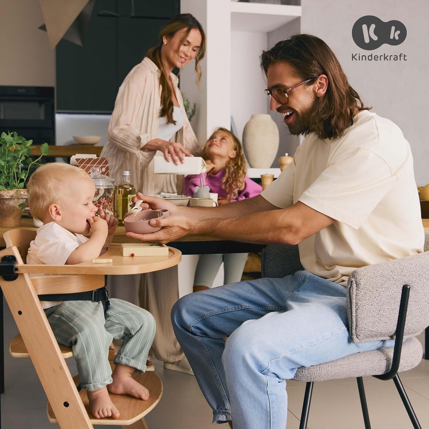 Kinderkraft - chaise haute ENOCK - bois naturel - 3 en 1, évolutive, réglable, plateau, très solide