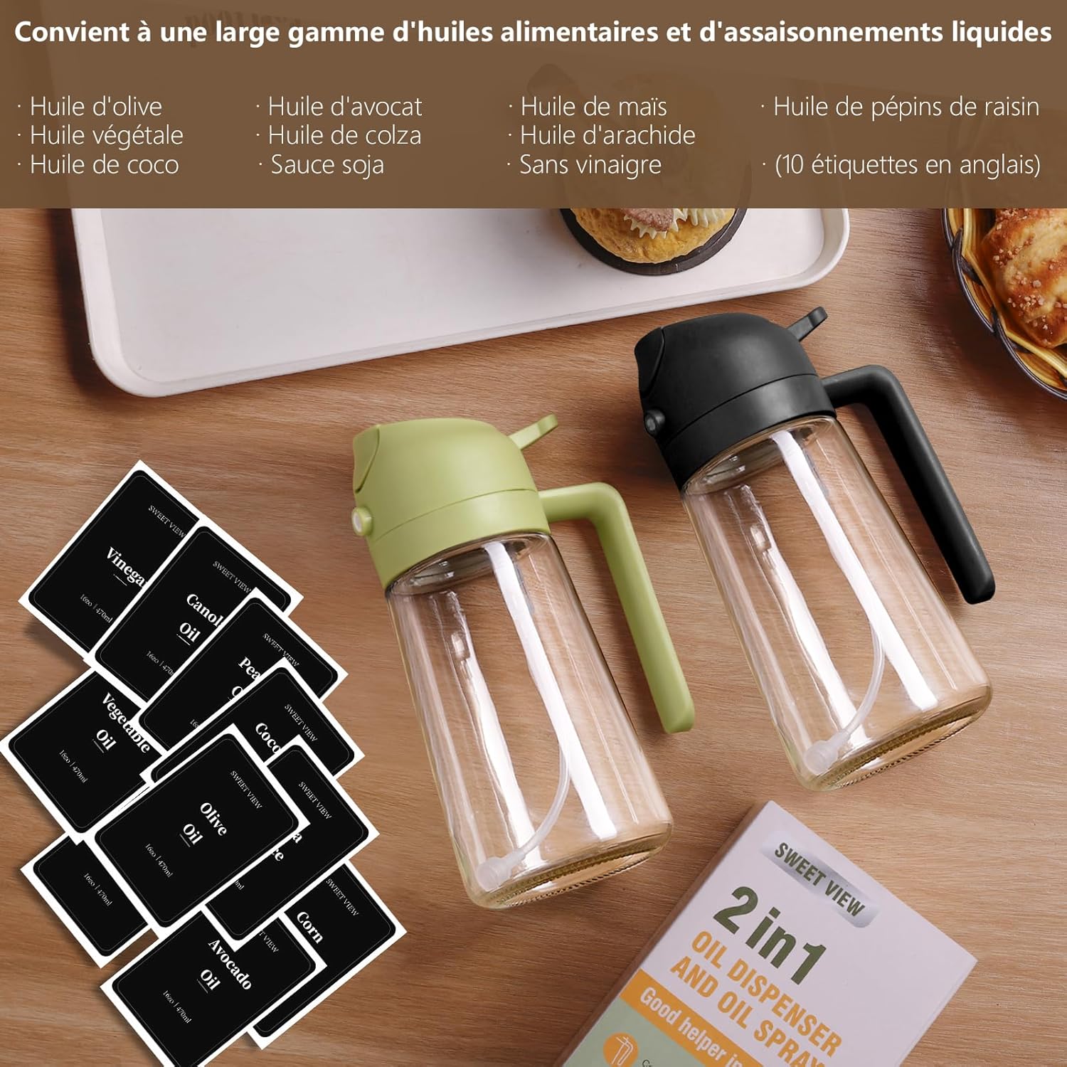 Flacon pulvérisateur d'huile d'olive - verre 470ml - bec verseur 2 en 1, multifonction