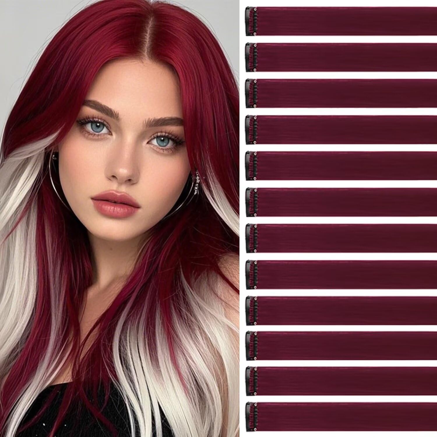 Extensions cheveux - 12 pièces 55cm, rouge bordeaux, à clipser, naturelles