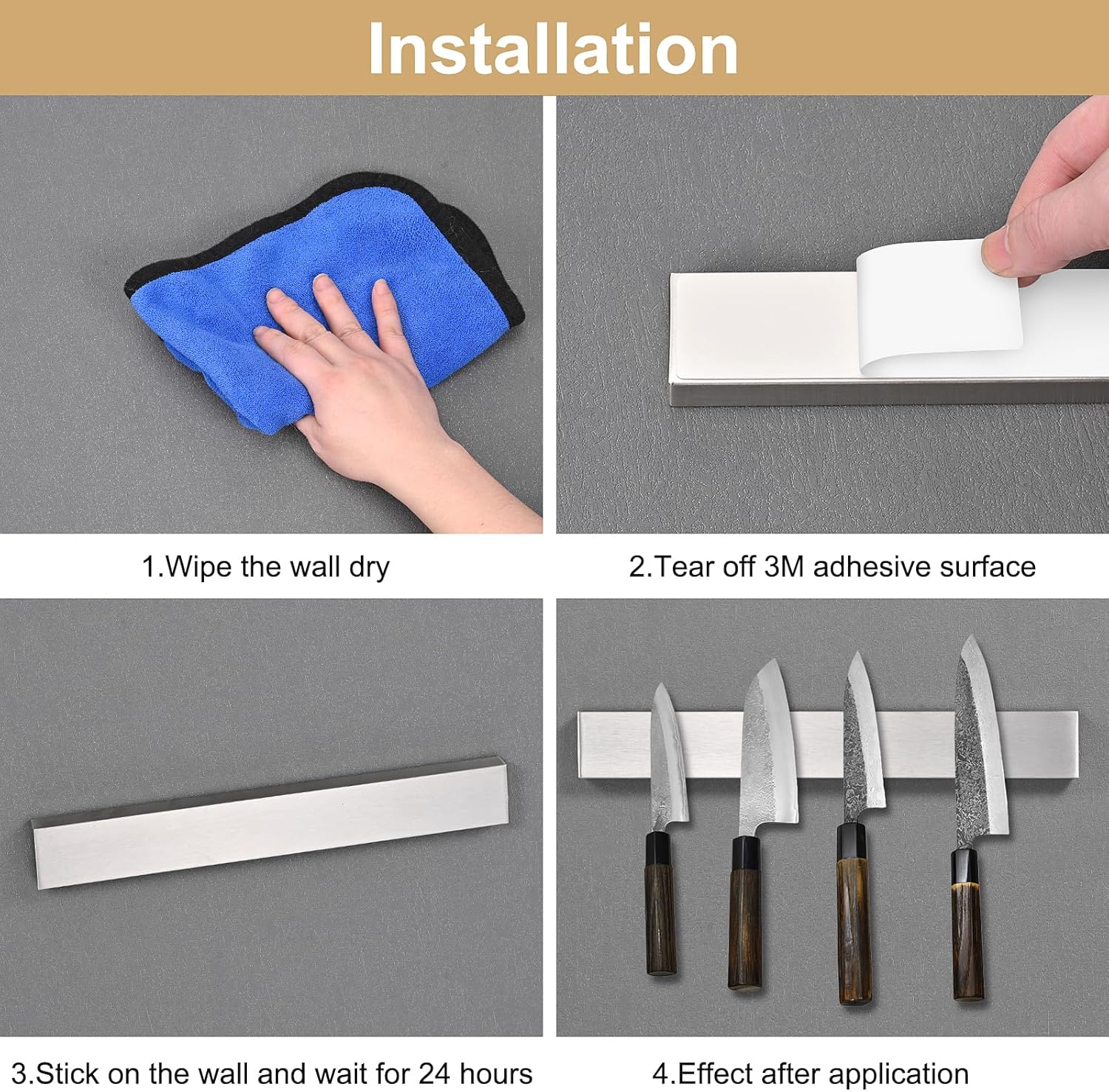 Porte-couteaux magnétique mural 30cm, inox, fixation sans perçage