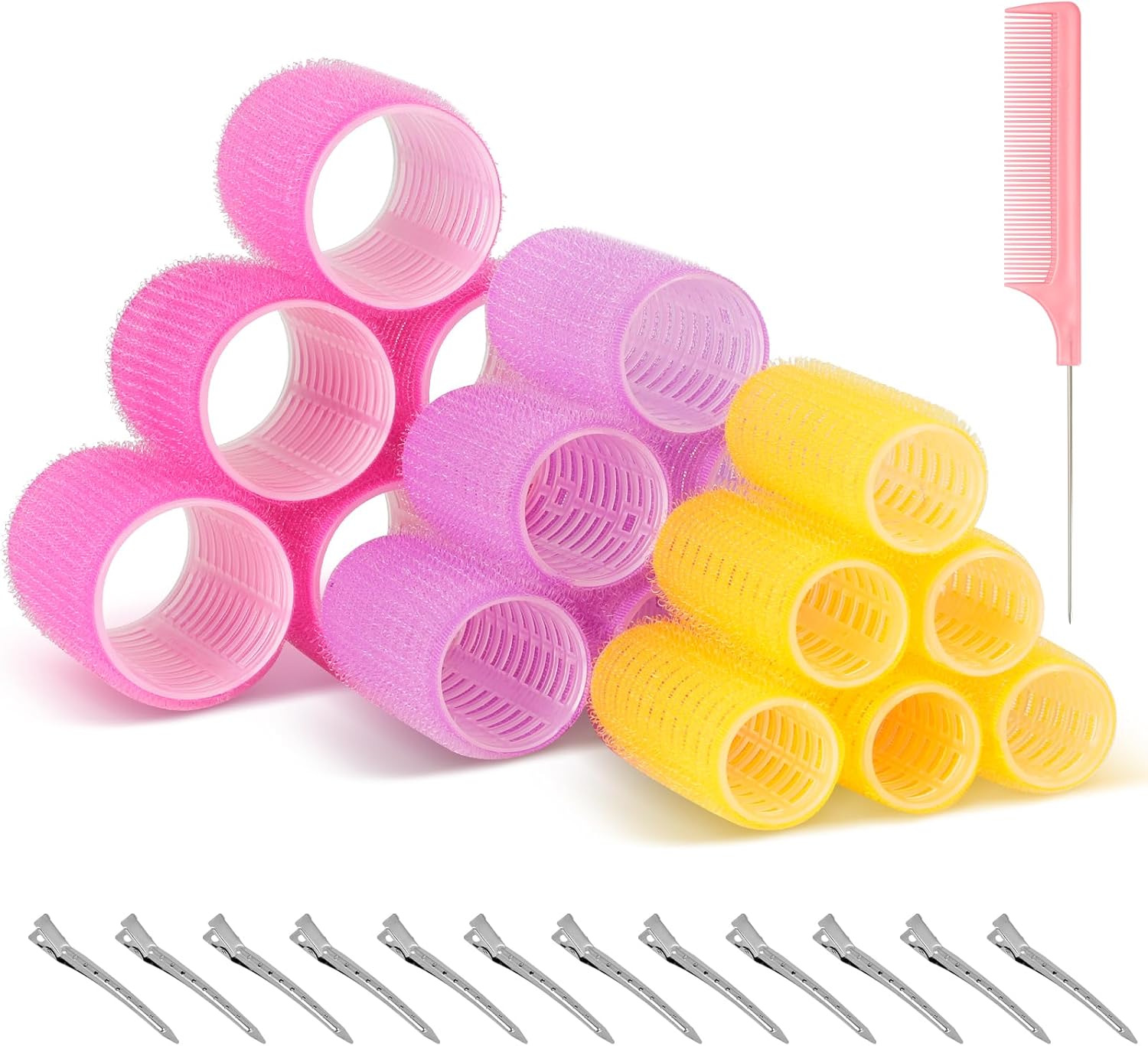 Romon - Ensemble de bigoudis multi-tailles - 40/30/20mm - 31 rouleaux auto-adhésifs, sans chaleur, 12 pinces et 1 peigne