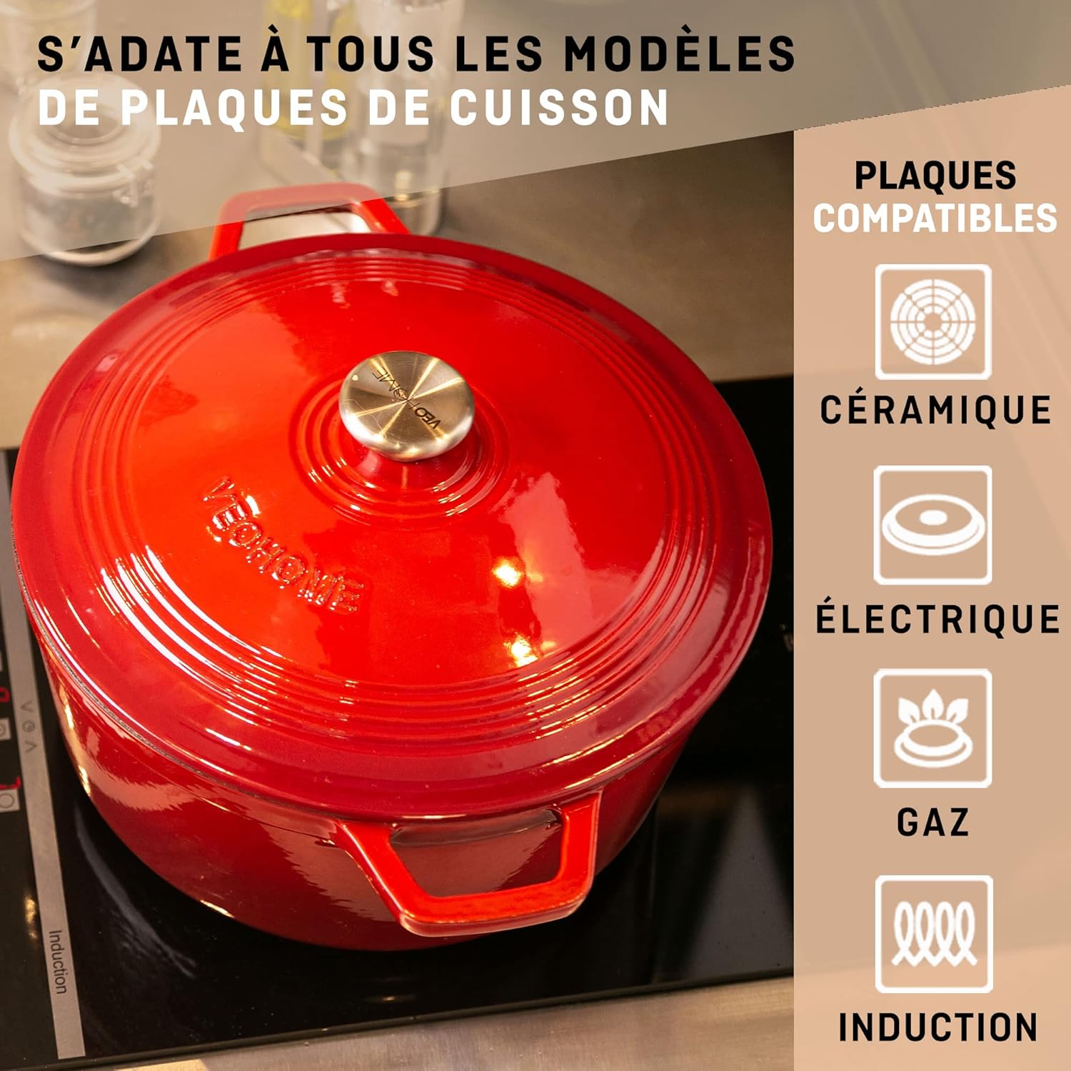 VeoHome - cocotte fonte émaillée 6L Ø28cm - induction/gaz/four, cuisson homogène, couvercle relief