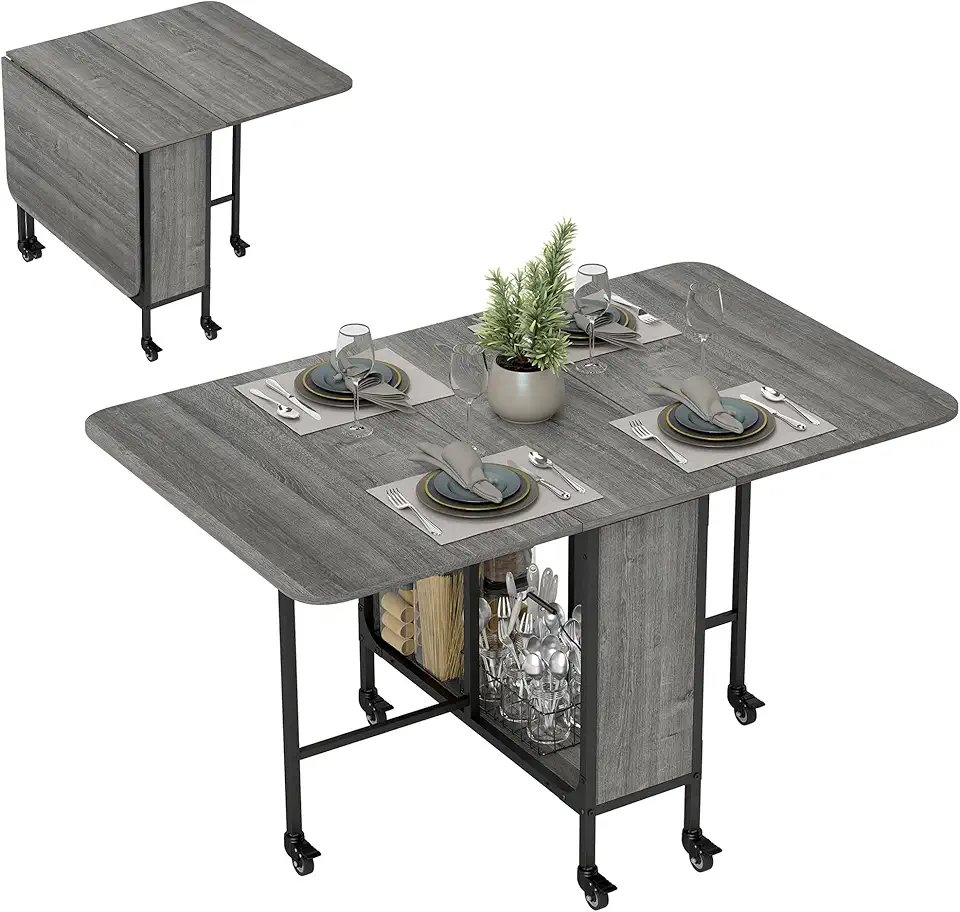 HOMCOM - Table pliante avec roulettes, 130x80x74cm, 6 personnes, étagère intégrée