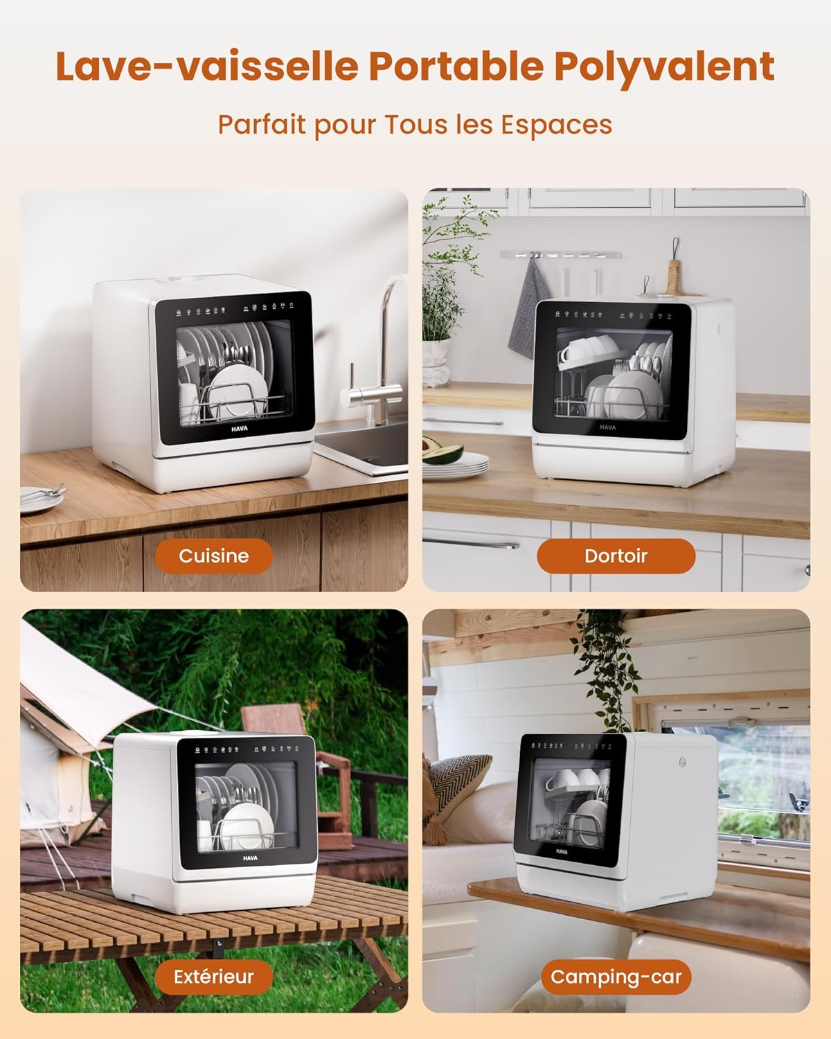 HAVA - lave-vaisselle de comptoir série 2025 - compact, adoucisseur d'eau, 8 programmes, sécurité enfant