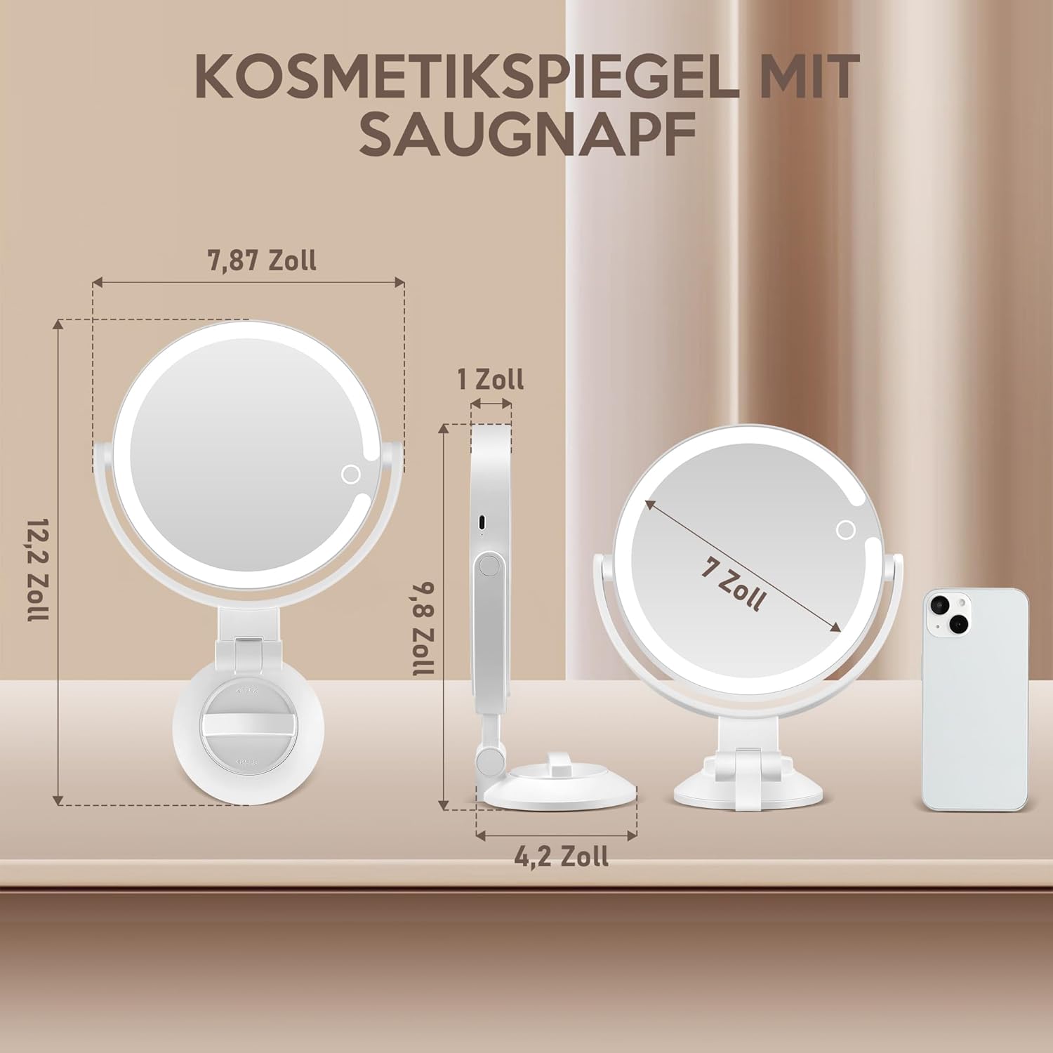 Miroir grossissant double face, ventouse, éclairage 3 modes, 30 compartiments