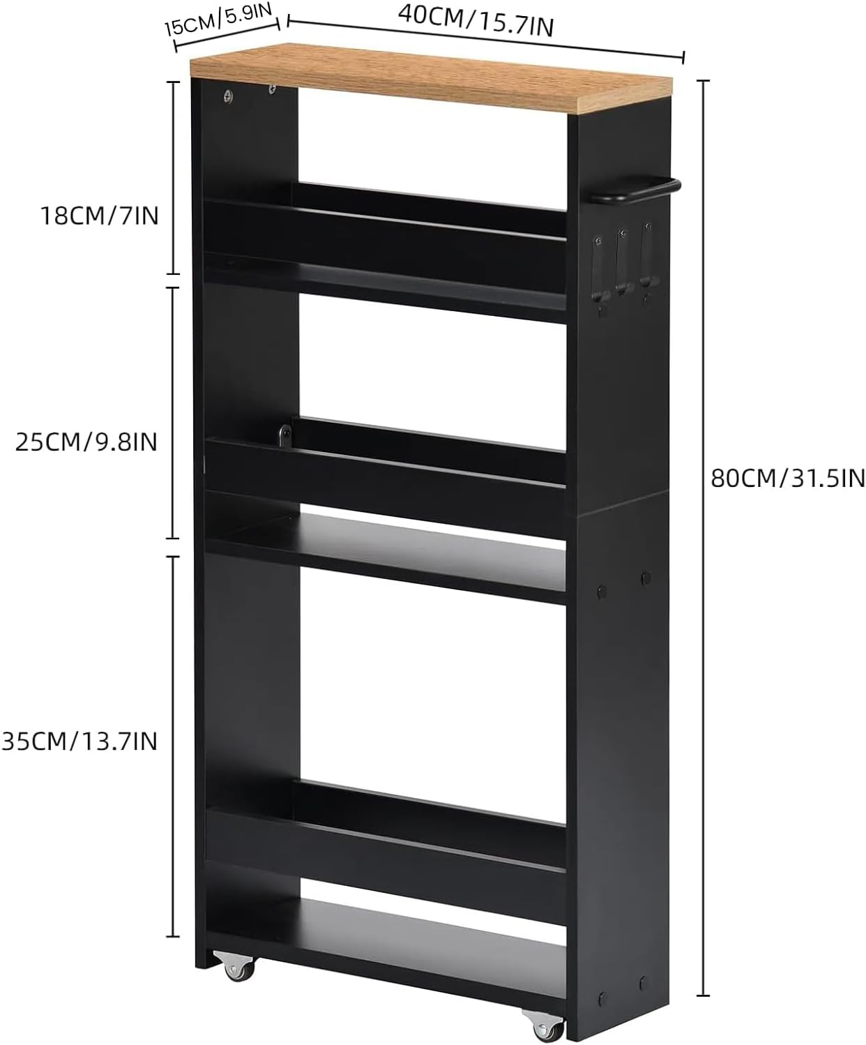 Chariot de rangement 15 cm, 4 niveaux, poignée et crochets, noir/naturel