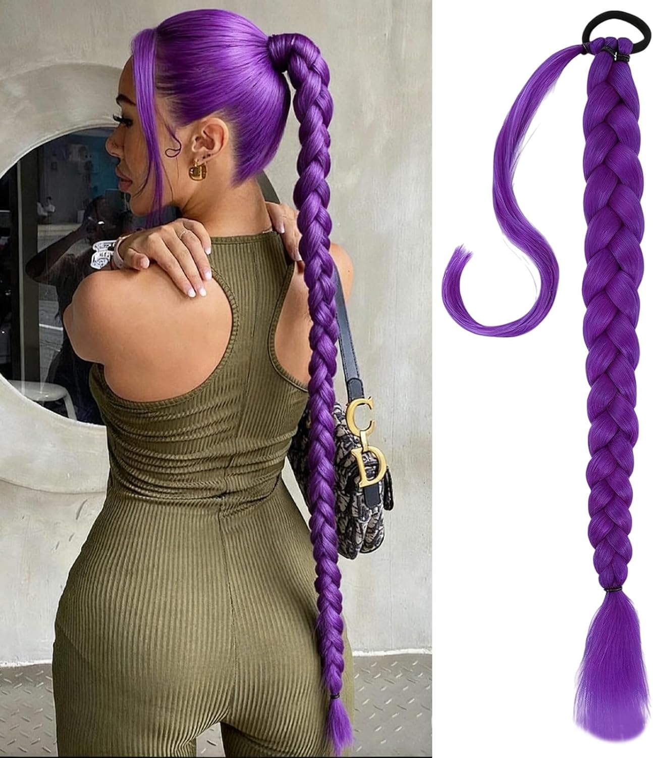 Extensions de cheveux - queue de cheval violette 24 pouces, pré-tressée, élastique, 100g, anneaux inclus