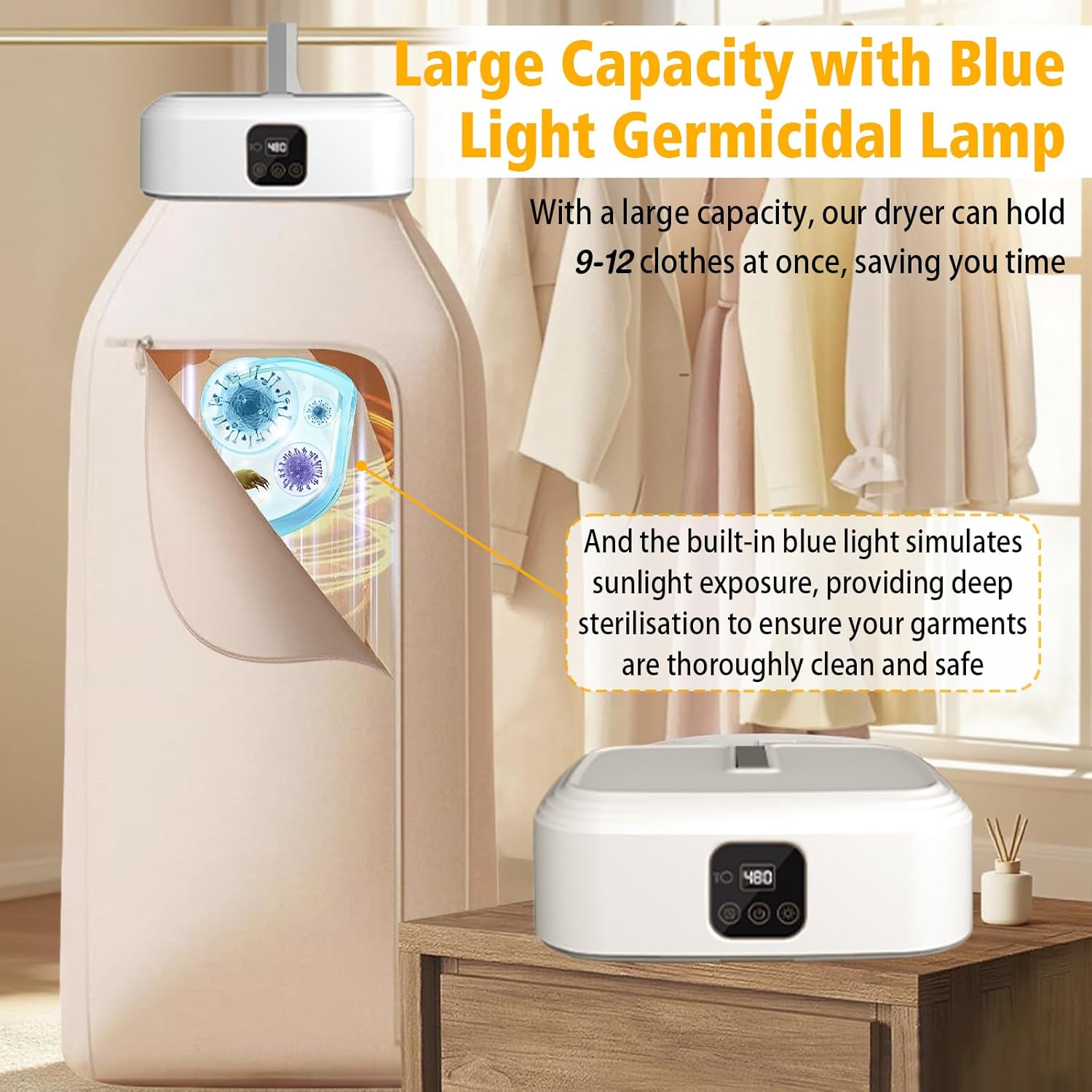 Sèche-linge électrique portable - pliable, minuterie 8h, UV, LED, PTC, idéal maison/voyage