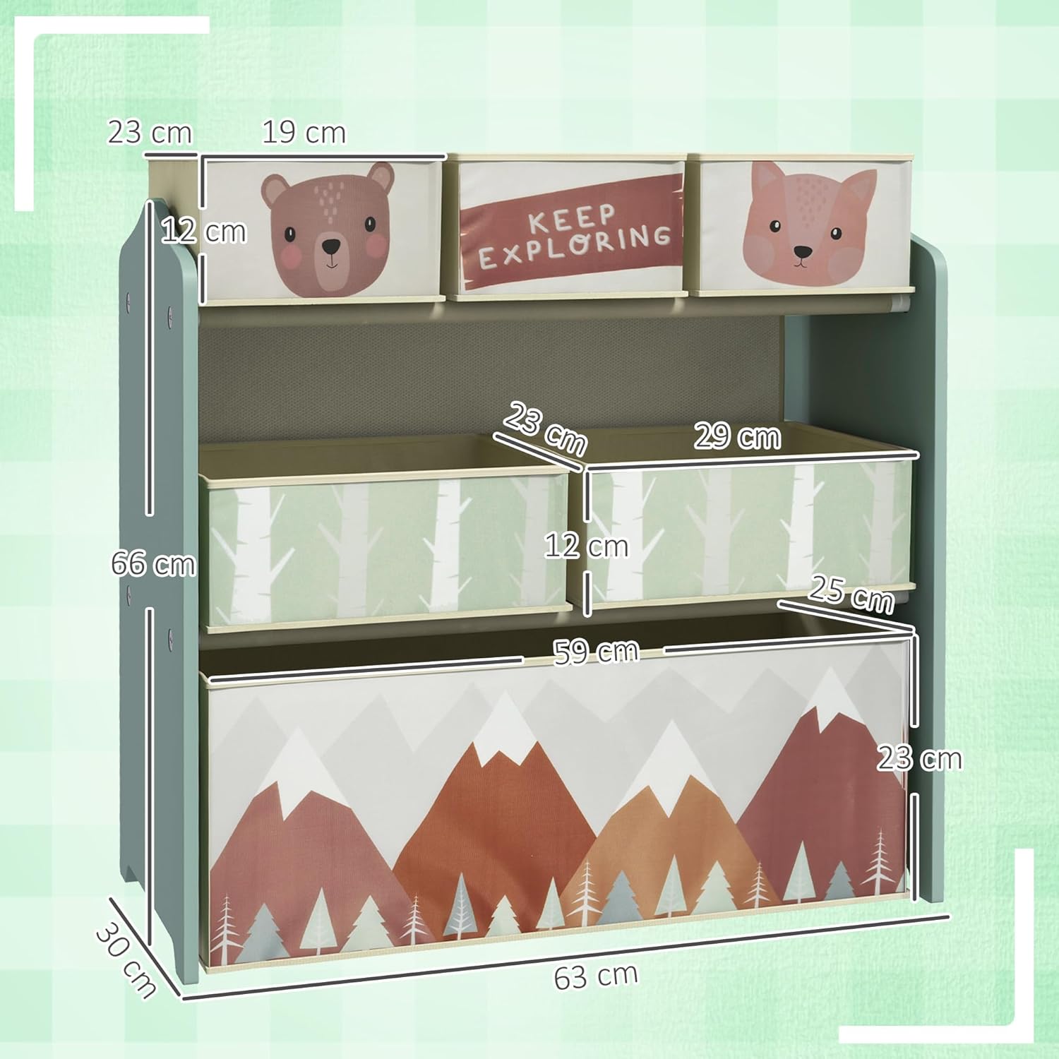 ZONEKIZ - meuble de rangement enfant - 63x30x66 cm, 6 boîtes tissu, vert, ZONEKIZ