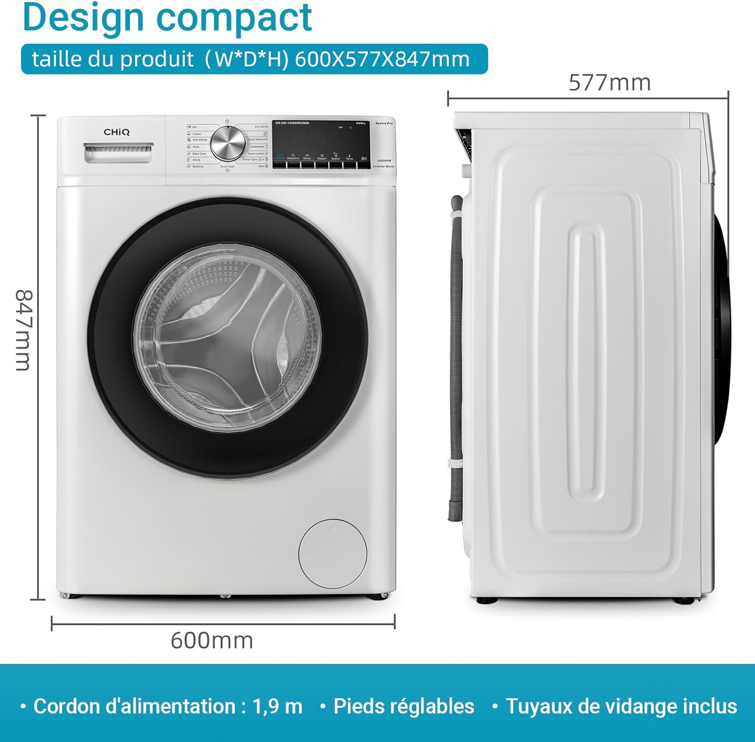 CHiQ - lave-linge Space Pro 10kg, 1400tr/min, IA, vapeur, CFL100-14586IM3XWA
