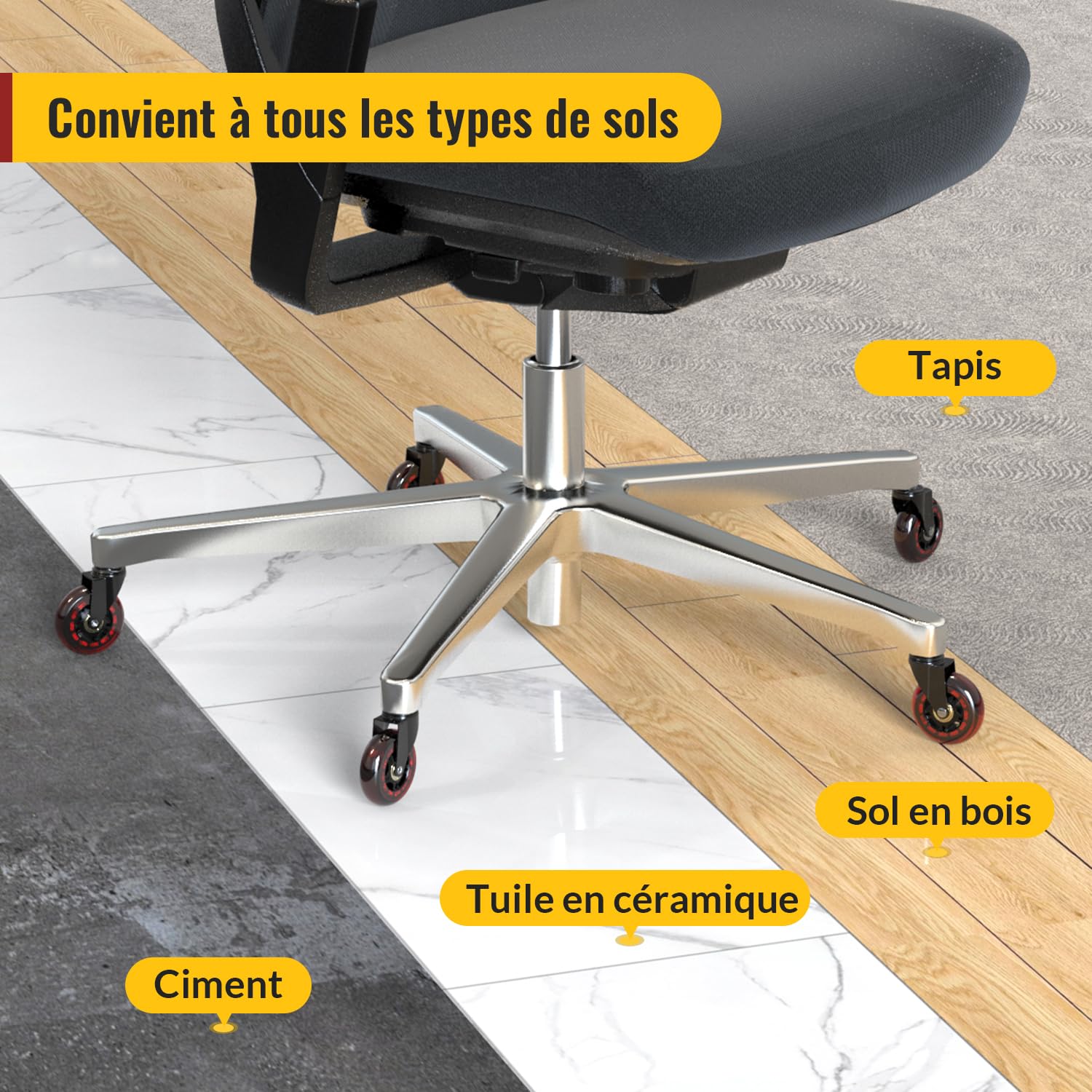 HOLKIE - roulettes chaise bureau - 10x22mm - lot de 5, caoutchouc, rouge, compatible bois/tapis