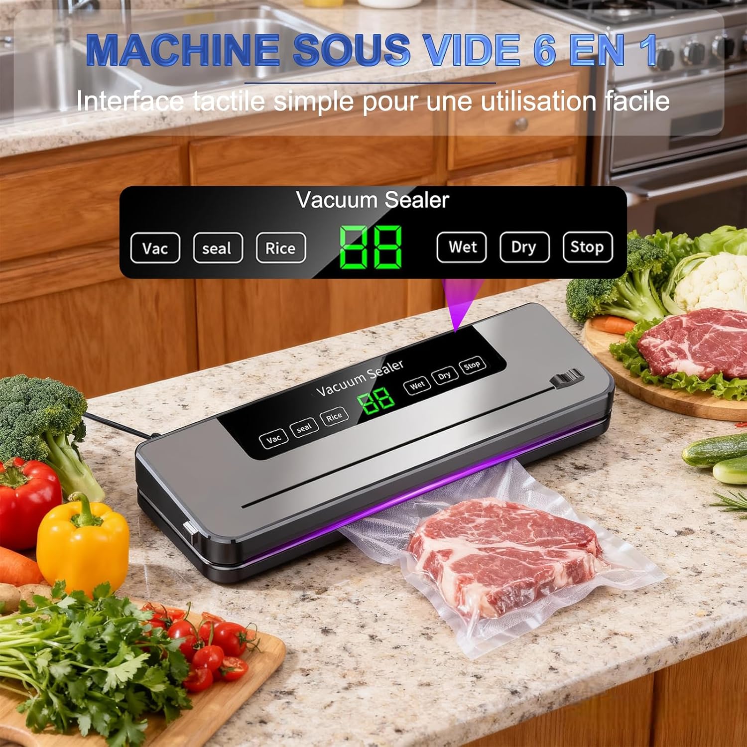 Machine sous vide alimentaire - 5 en 1 - 50 sacs inclus - mode humide/sec, multifonction