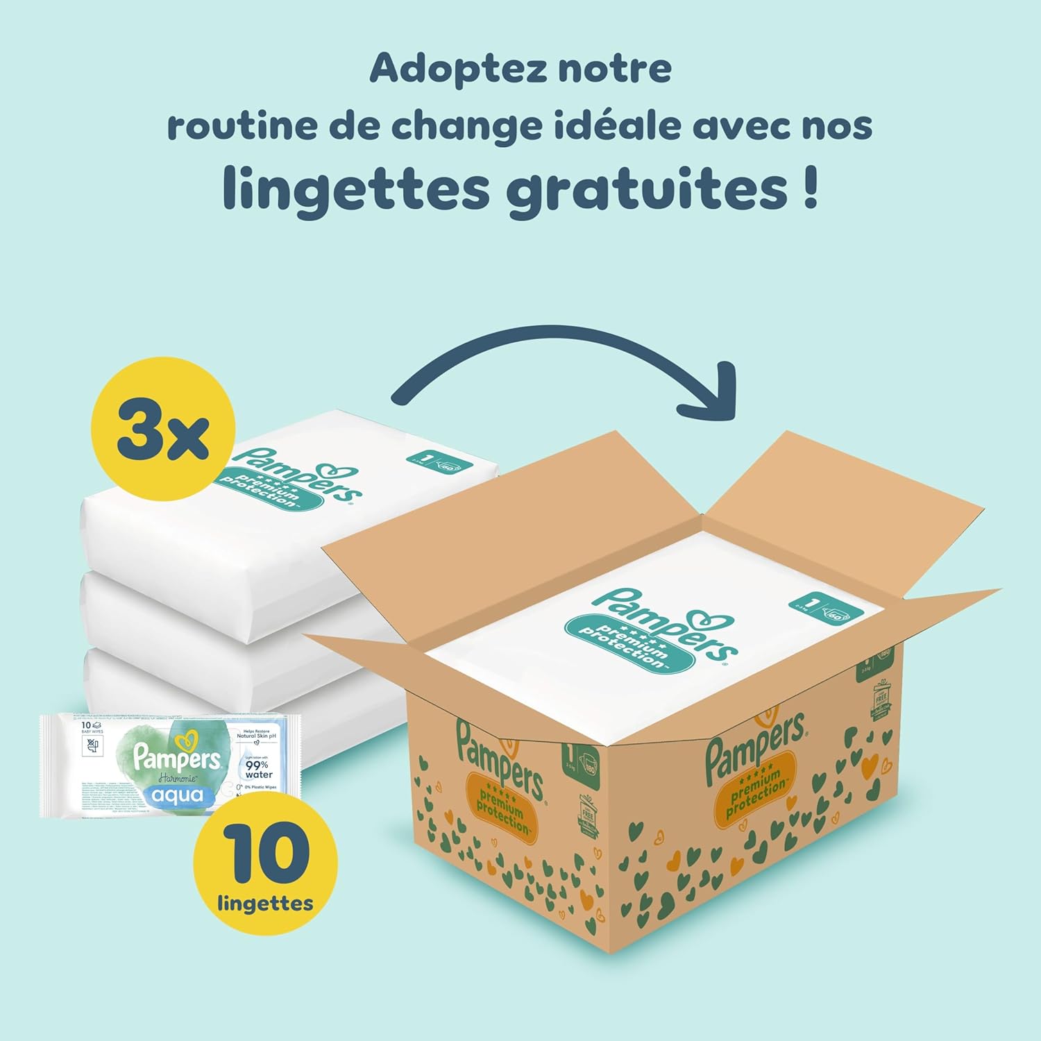 Pampers - Premium Protection Taille 1 - 180 couches, 10 lingettes, 2‑5kg, protection peau et fuites
