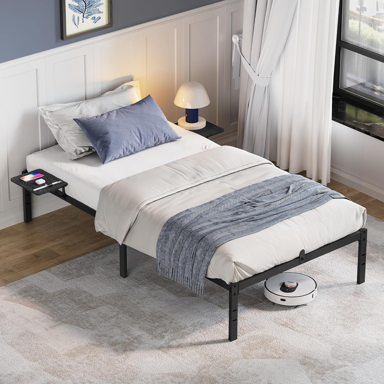 VASAGLE - cadre de lit simple - 90x190 cm - métal noir, étagères, montage facile - RMB091B01V1