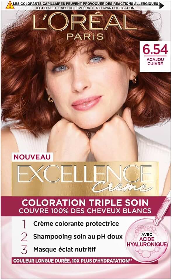 L’ORÉAL PARIS - Excellence Crème - coloration permanente, couvre 100% des cheveux blancs, nuance Acajou Cuivré 6.54