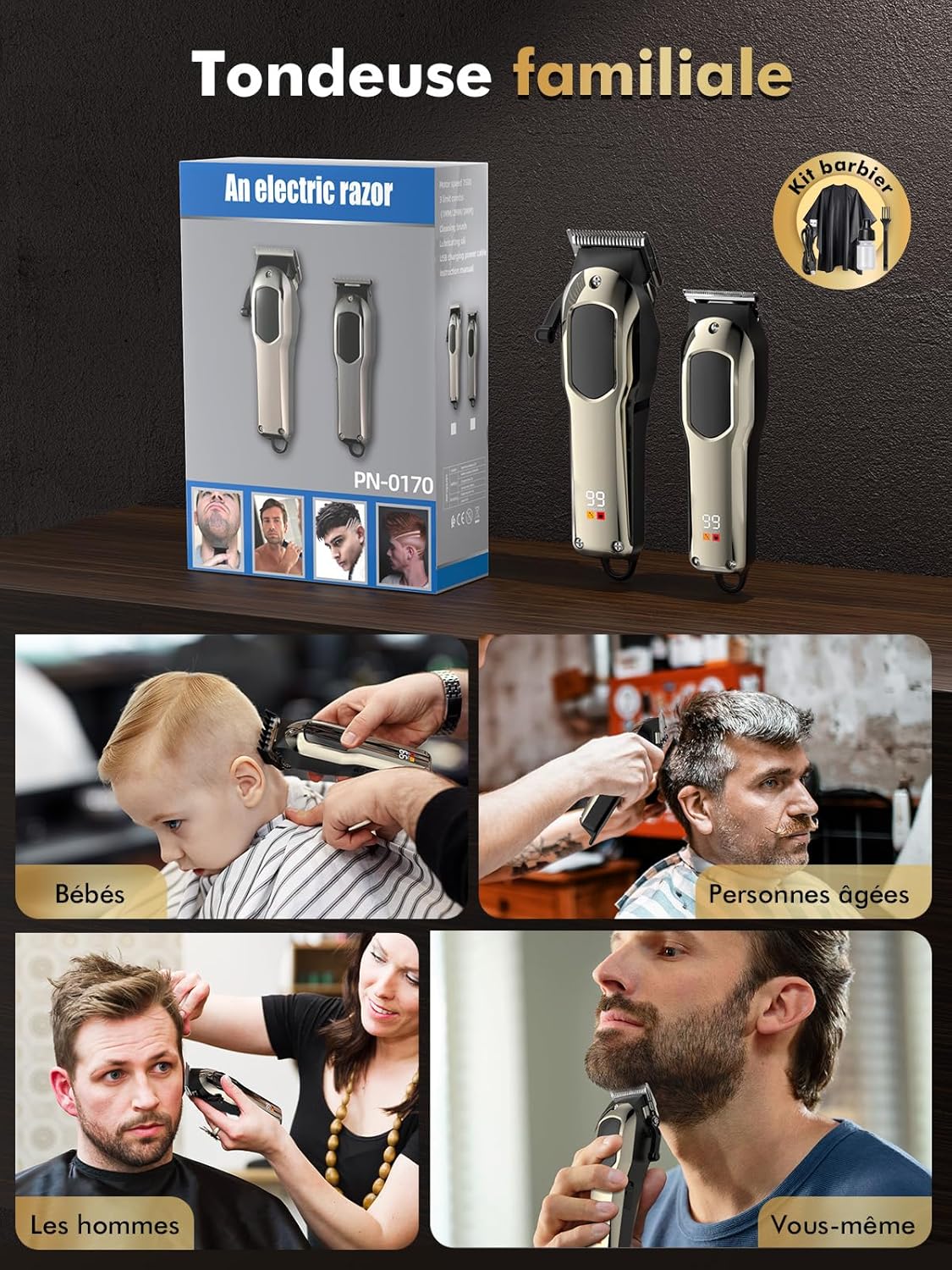 Tondeuse cheveux homme - kit professionnel barbe et coiffure - outils multifonctions - coupe précise - pour usage famili