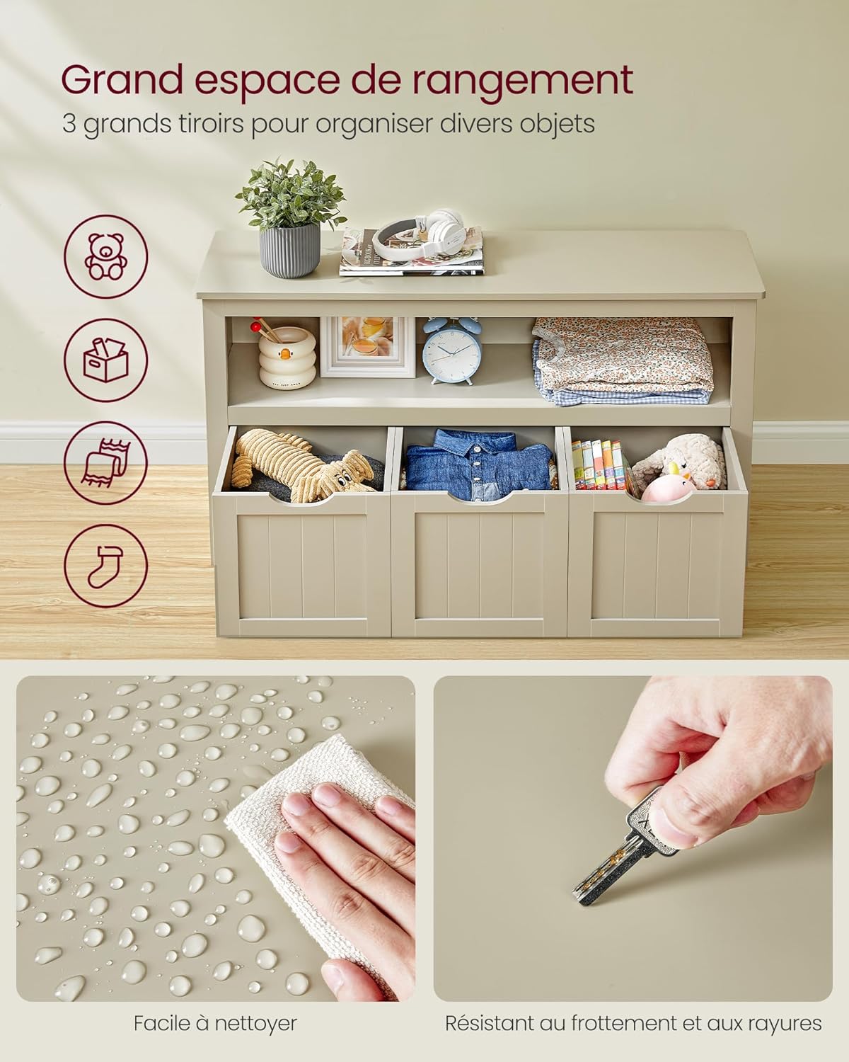 VASAGLE - meuble de rangement enfants - 30x102x60 cm - 3 bacs à roulettes, beige sable - LHS380LH01