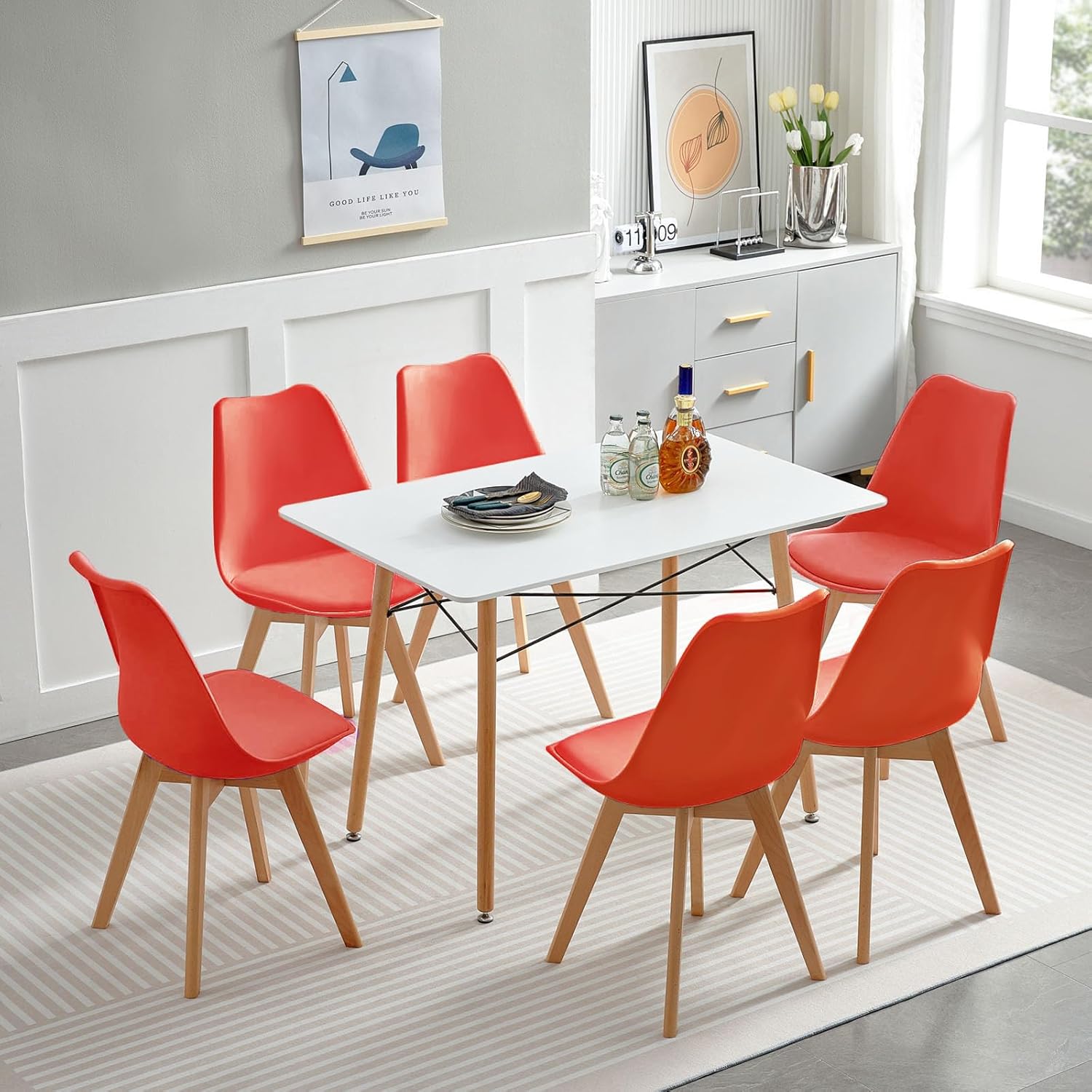 EGGREE - chaises scandinaves lot de 8 - bois hêtre, rouge, rembourrées