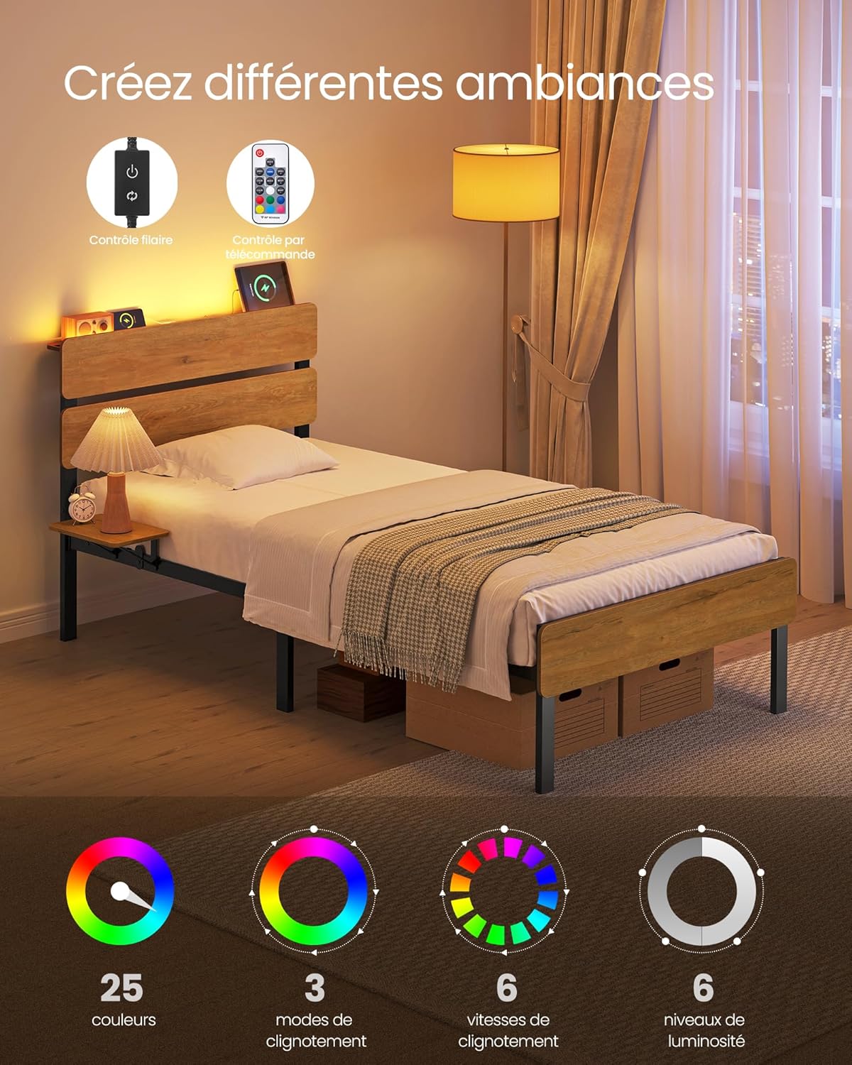 VASAGLE - lit 1 personne - 90x190 cm - LED, USB/Type-C, rangement, style industriel, RMB101K01