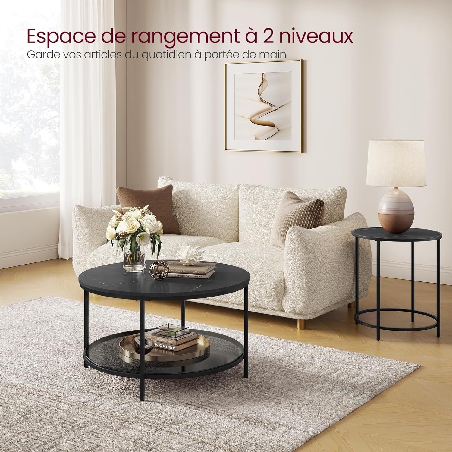 VASAGLE - table basse marbre, verre trempé, montage facile, LCT071B58