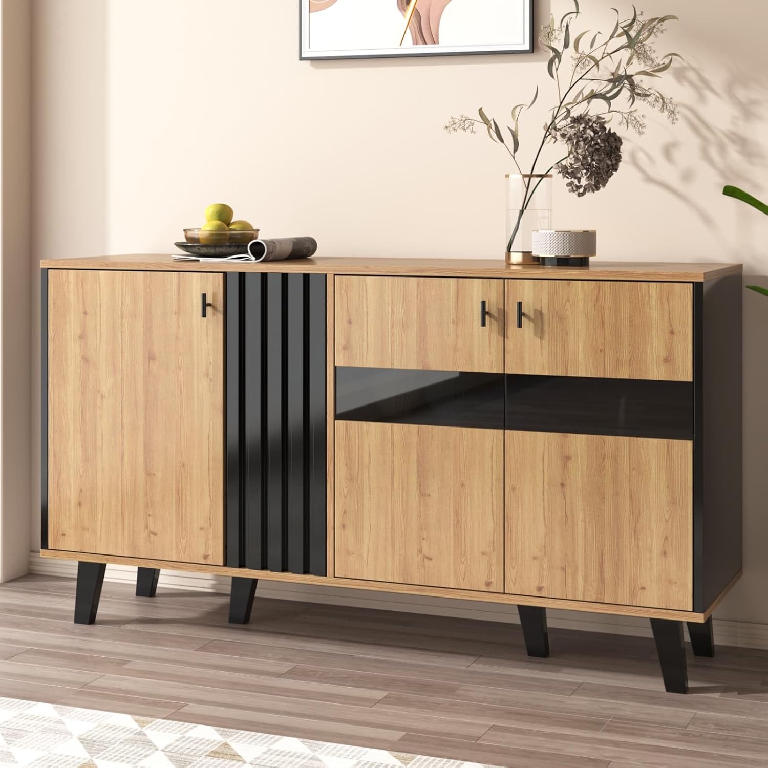 KOMHTOM - buffet bois noir/vitrine LED, 140x78x41 cm, 6 compartiments KOMHTOM