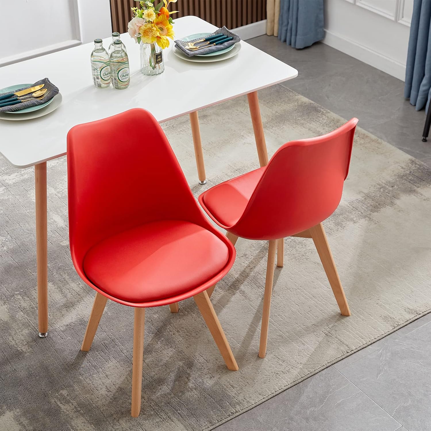 EGGREE - Lot de 4 chaises scandinaves - bois hêtre - assise rouge rembourrée
