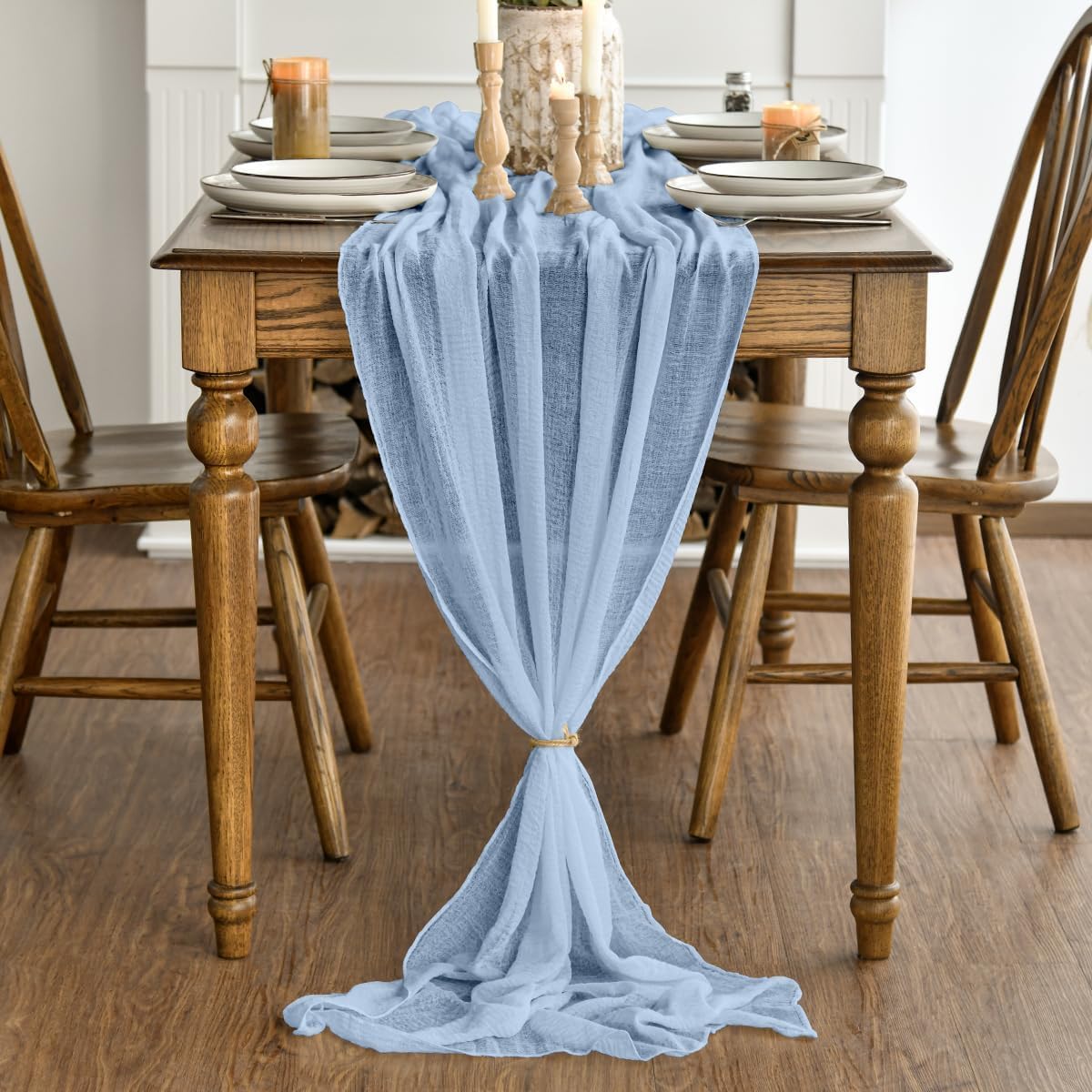 Artoid Mode - Chemin de table Bohême - 400 cm - gaze mousseline bleu glacier, déco mariage fête
