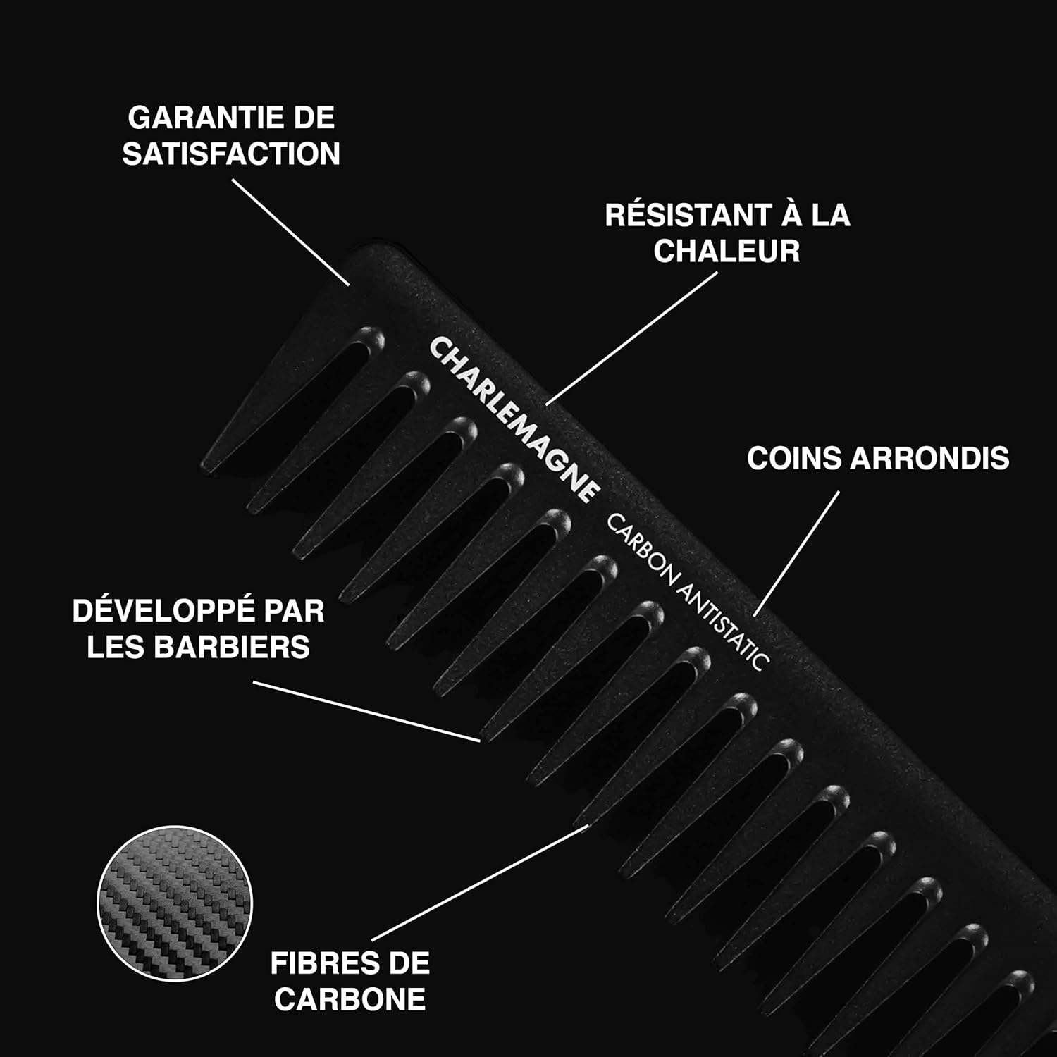 Peigne cheveux avec dents larges de Charlemagne - En carbone premium pour cheveux et barbe - Résistant et antistatique - 19cm - Pour hommes