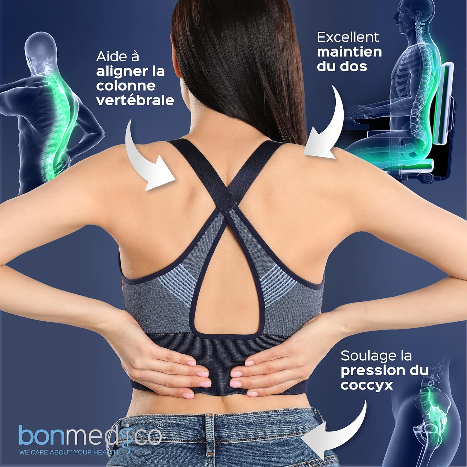 Coussin ergonomique assise mémoire de forme, large, bleu, soutien lombaire