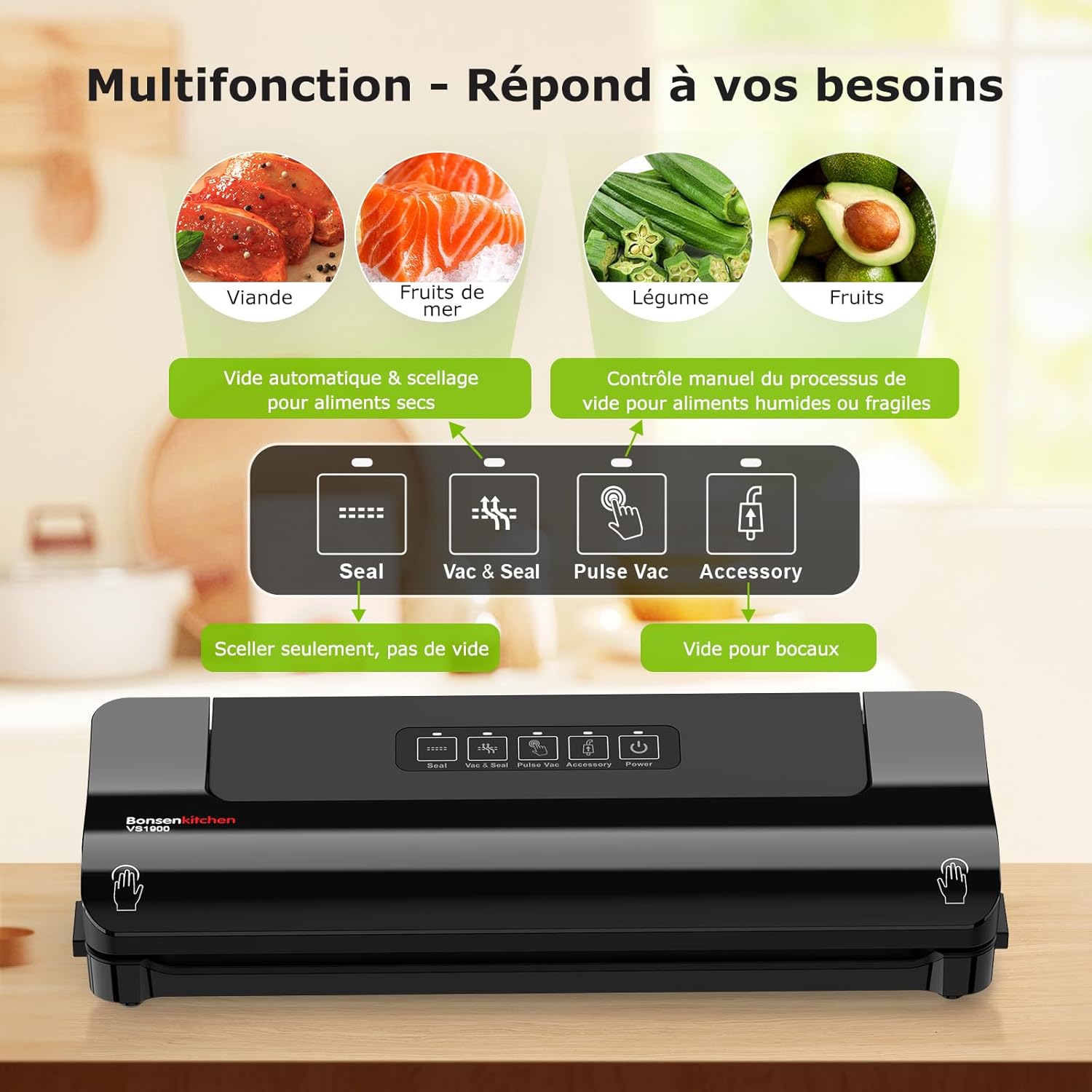 Bonsenkitchen - machine sous vide compacte - multifonction, sacs inclus