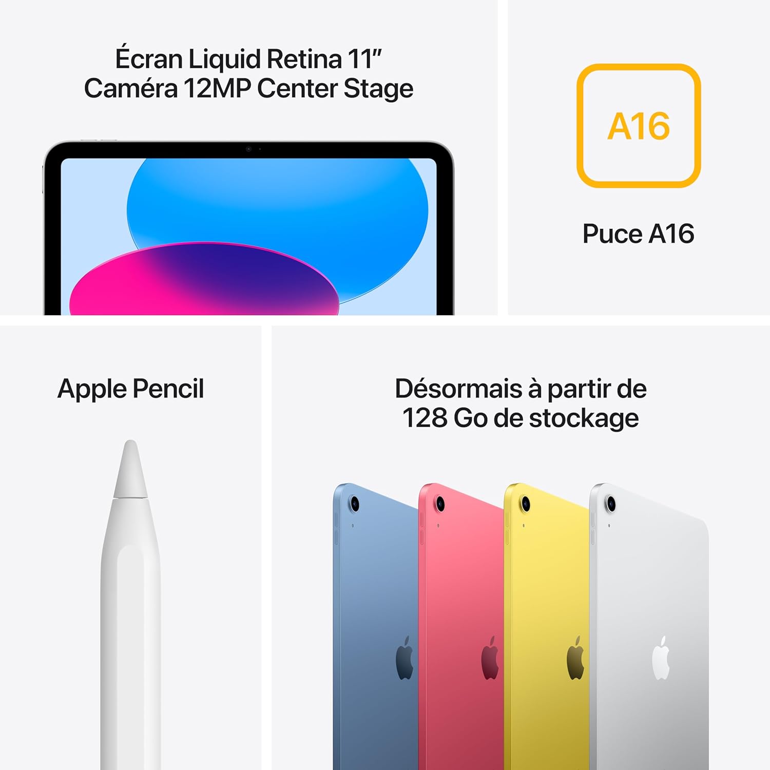 Apple - iPad (11 pouces) - Puce A16, 128Go, Wi-Fi 6, 5G, Touch ID