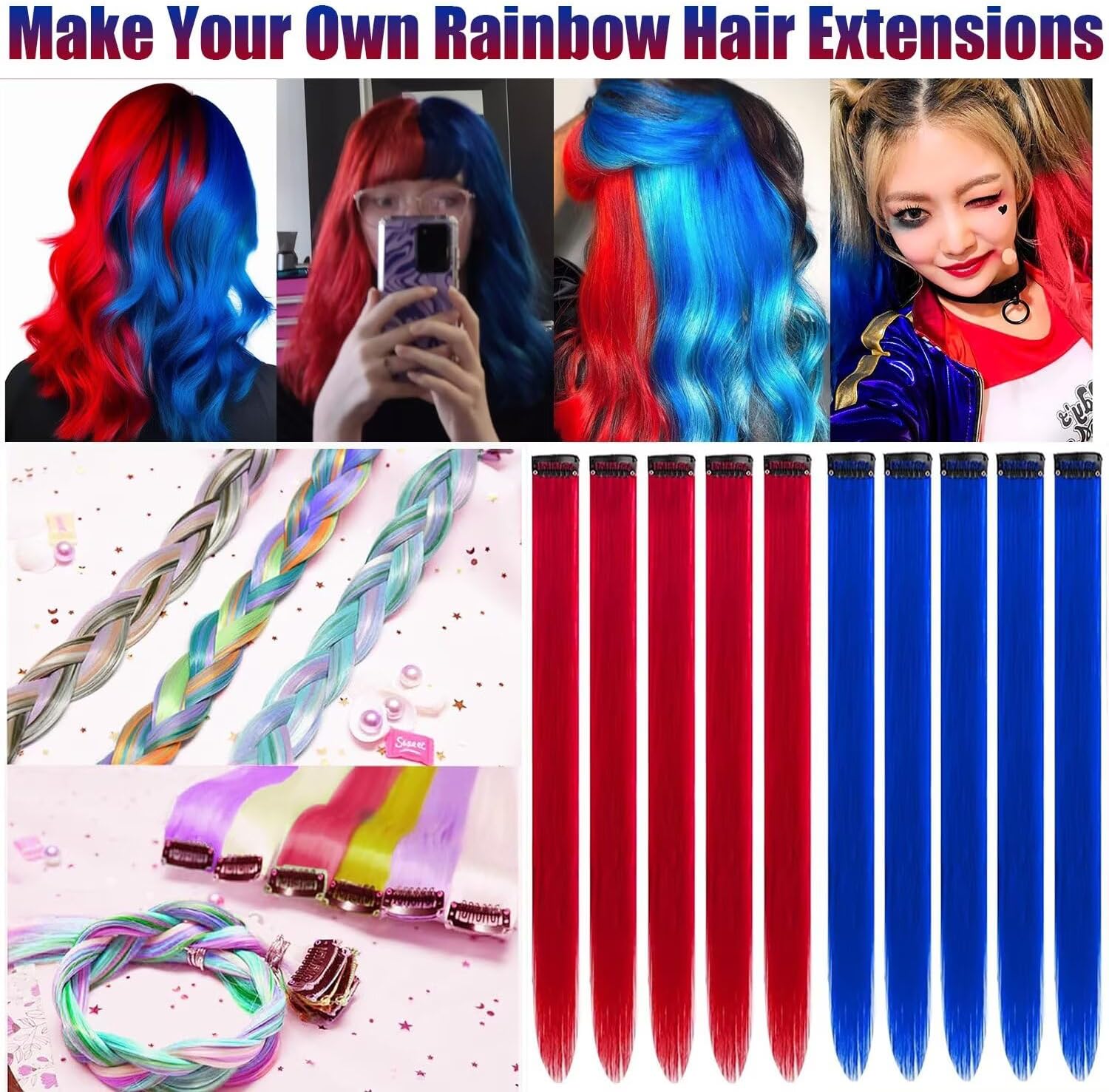 Rajout capillaire - Saphir Rouge/Bleu - 55cm - 12 mèches résistantes chaleur