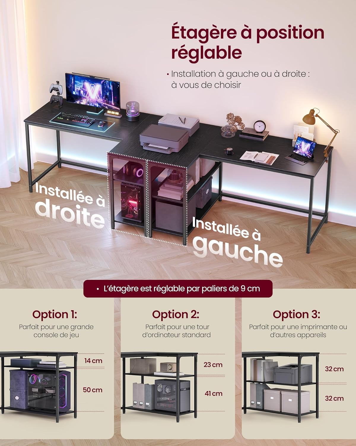 VASAGLE - bureau gaming en L - 120x80 cm - étagères réglables LWD136BE01