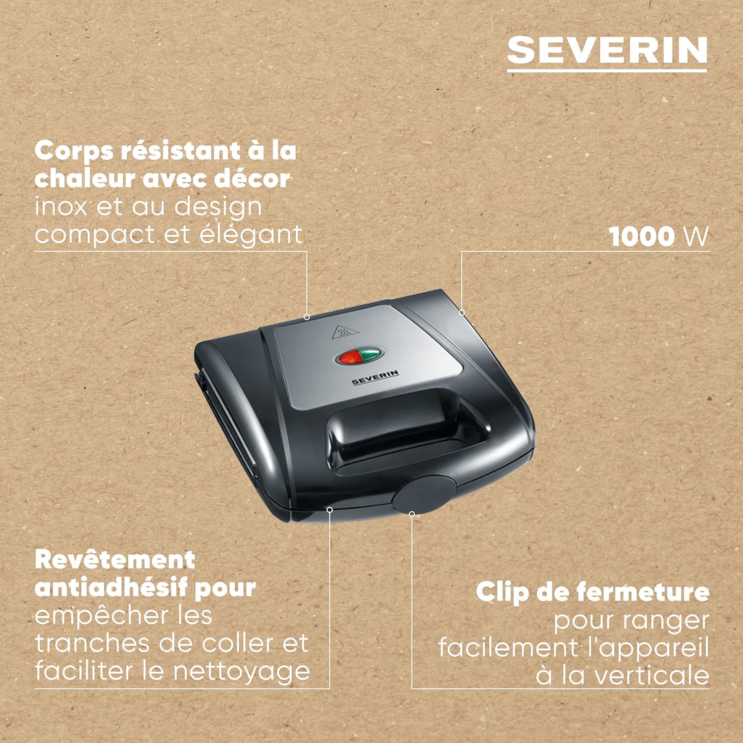 SEVERIN - 3-en-1 SA 2968 - toaster, gaufrier, gril viande, 1 000W, noir, SA2968