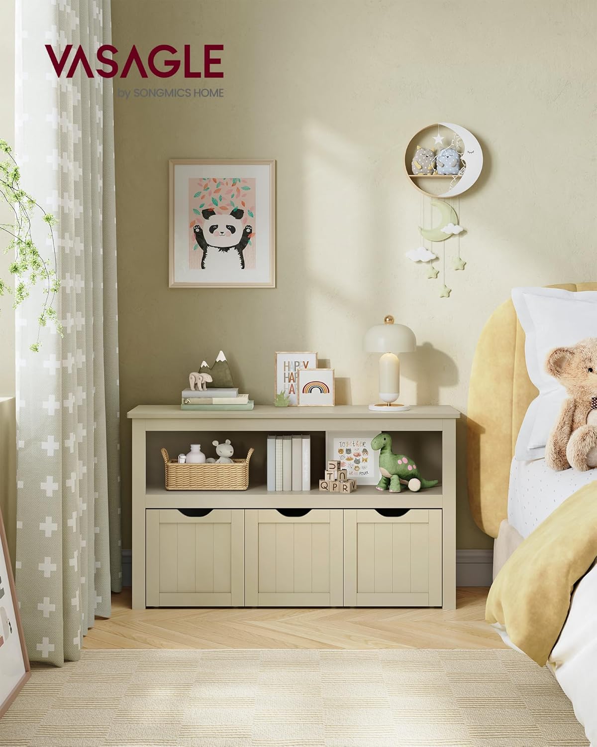VASAGLE - meuble de rangement enfants - 30x102x60 cm - 3 bacs à roulettes, beige sable - LHS380LH01