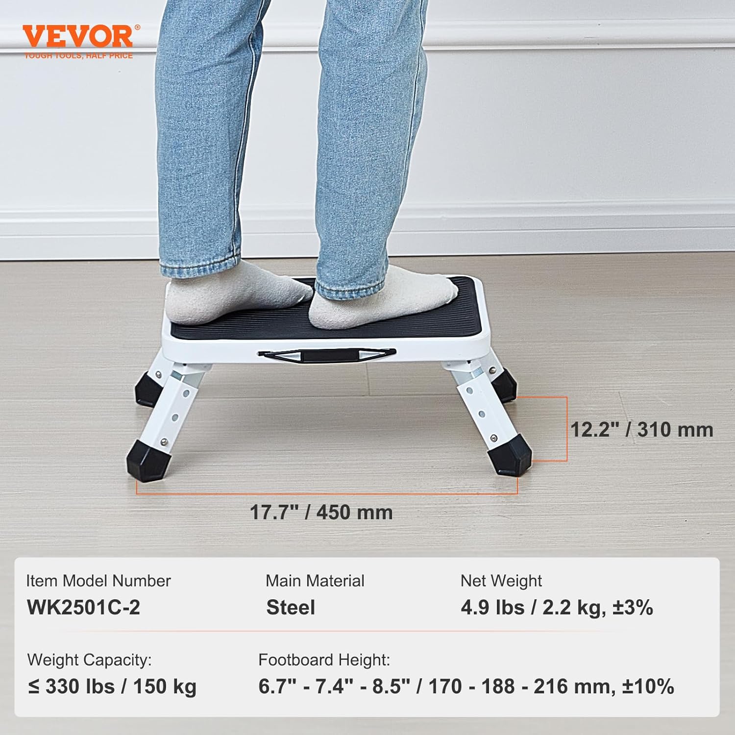 VEVOR - Marche pied pliable 1 marche, 3 hauteurs, 150kg, acier, antidérapant