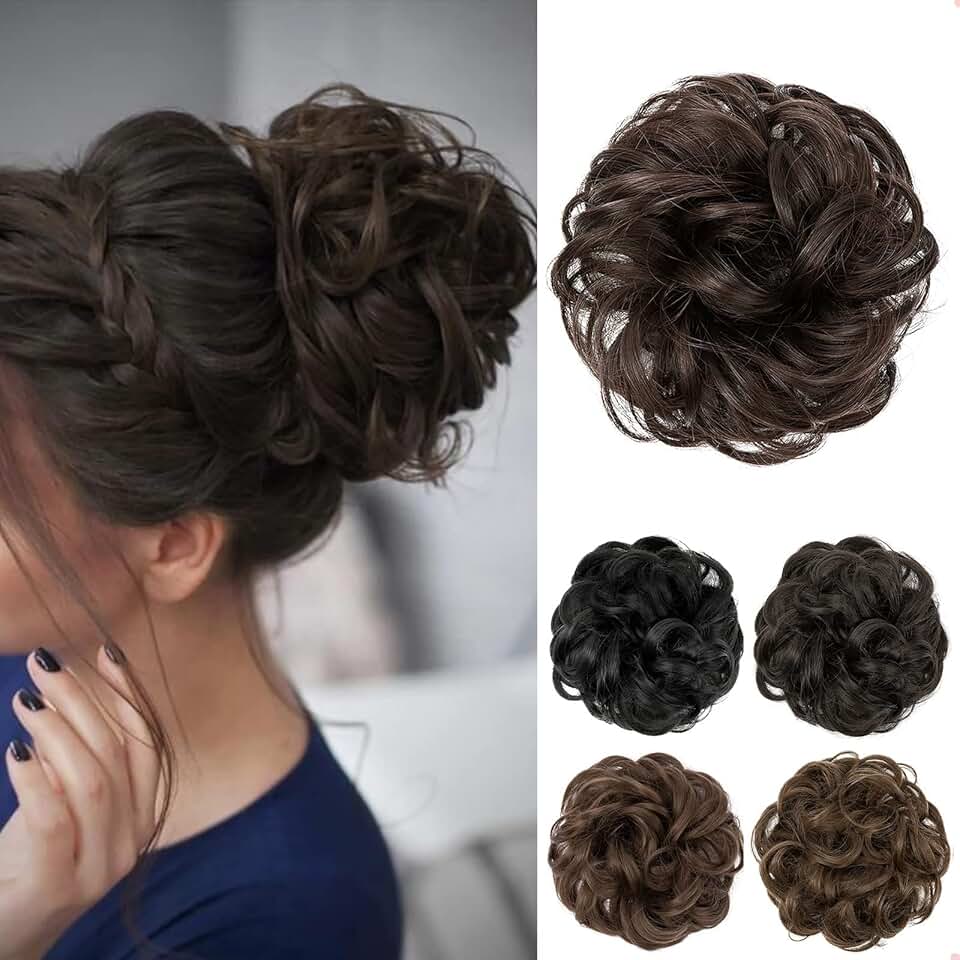 JJstar - Chignon postiche bouclé, élastique, marron foncé, cheveux synthétiques