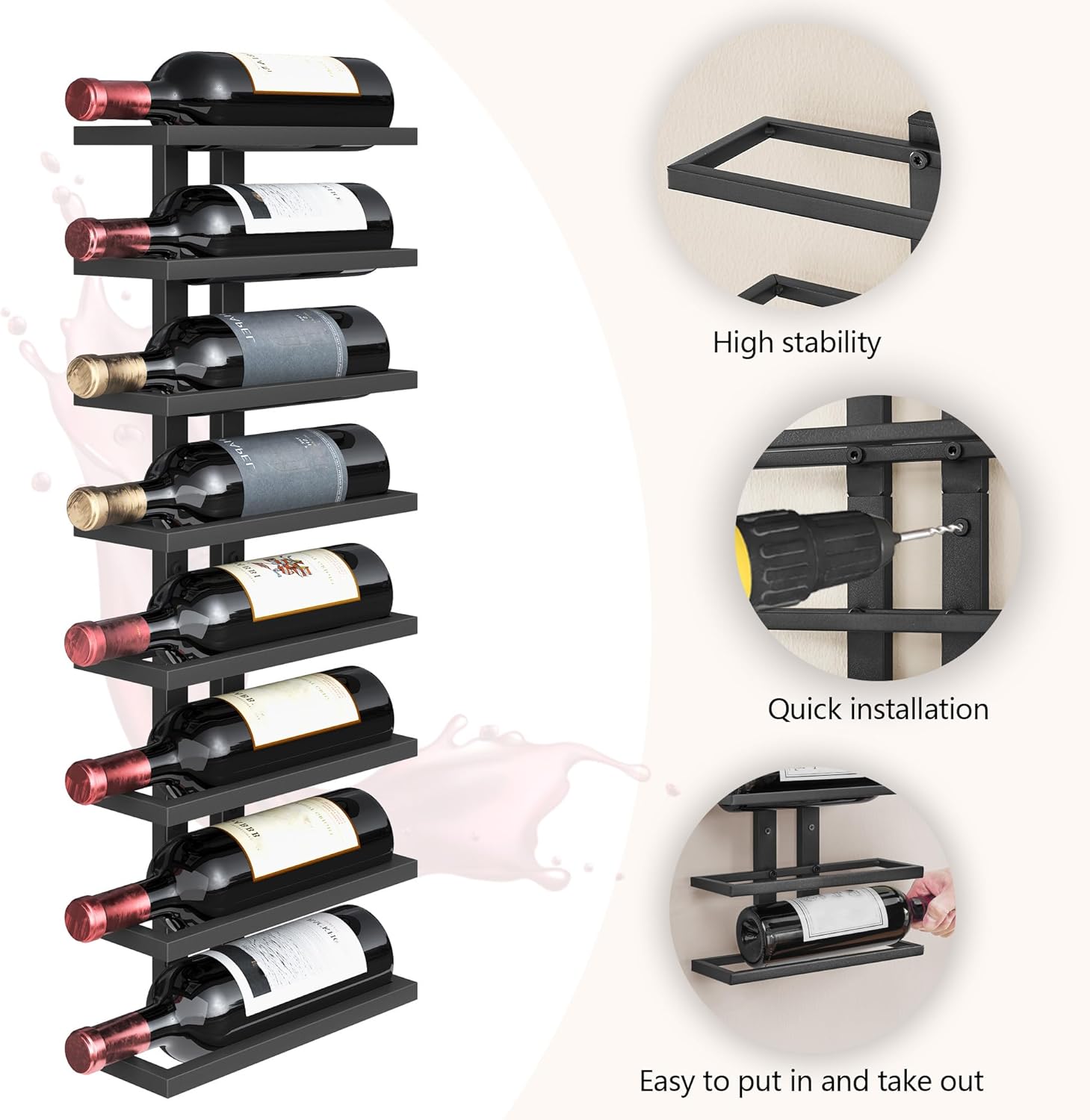 Favoosty – Étagère à vin murale, métal, 8 niveaux, noire, FAVOOSTY
