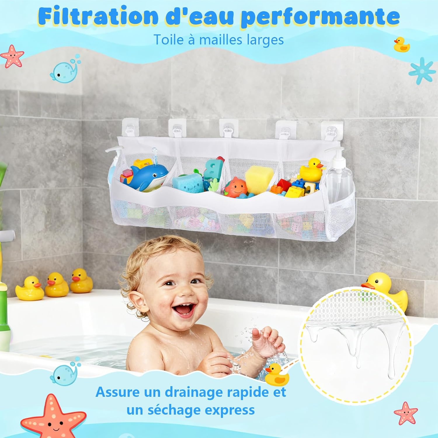 Rangement jouet bain - 4 compartiments filet suspendu - blanc, gain de place