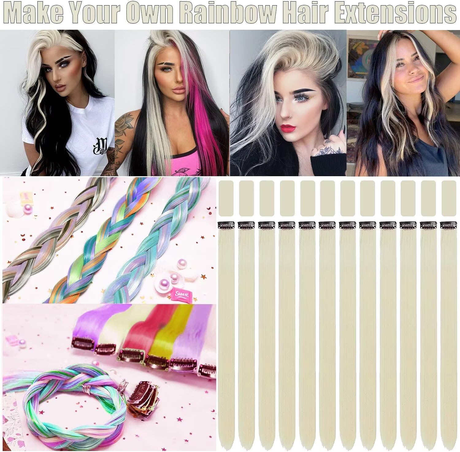Mèches capillaires - 55 cm - 12 mèches blanches crème, clips multicolores