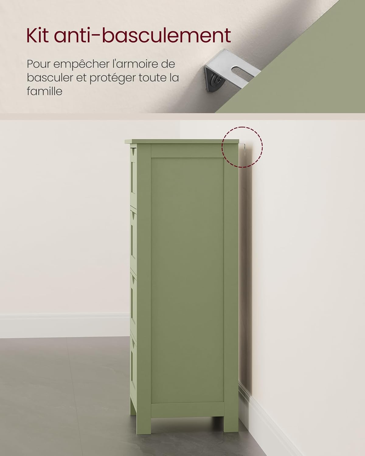 VASAGLE - armoire sur pied Vert Olive - 30x30x82 cm - 4 tiroirs, style moderne LHC040C02