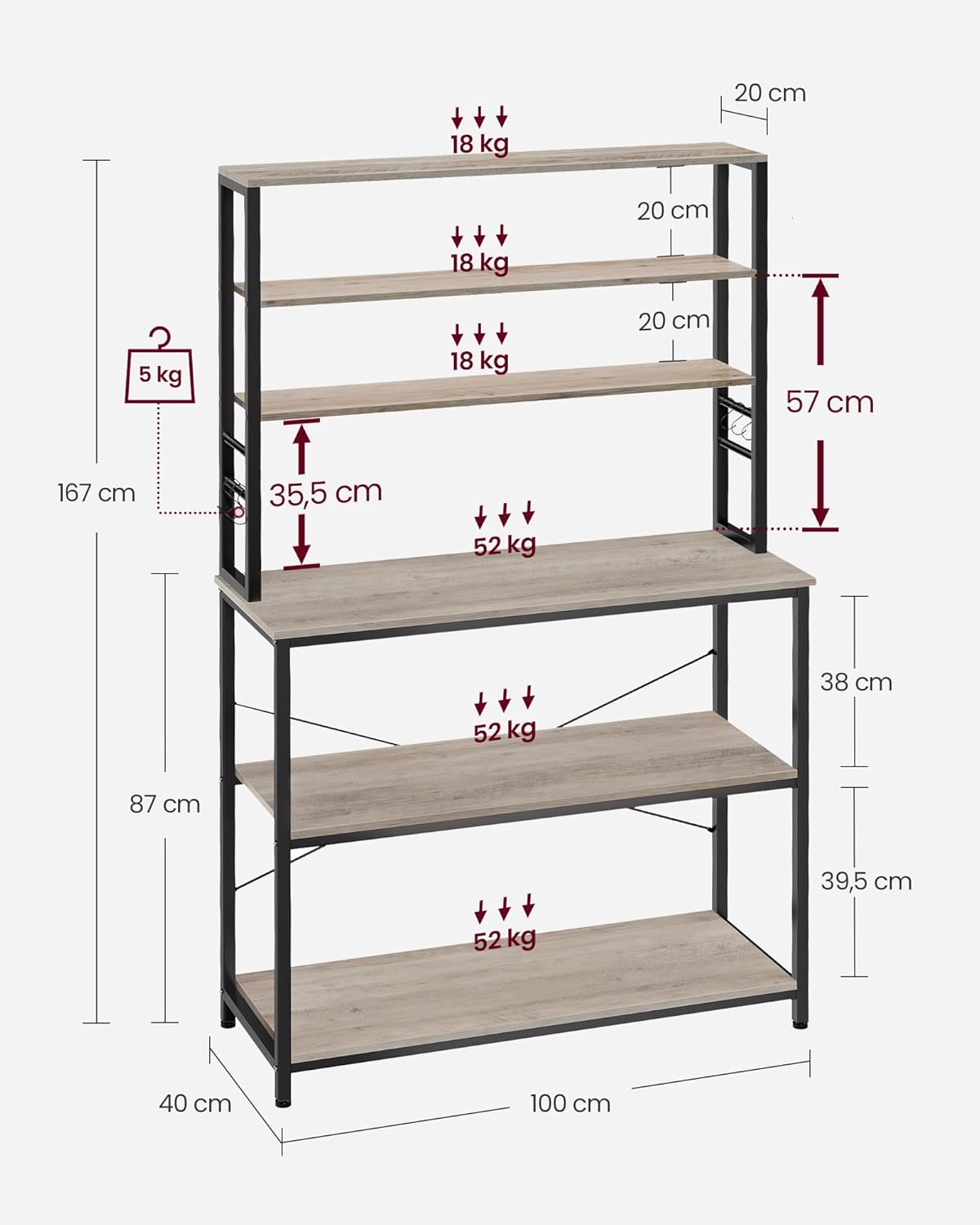 VASAGLE - étagère cuisine série KKS - 100x40x167 cm - 6 étagères, 6 crochets, acier industriel - KKS039K02