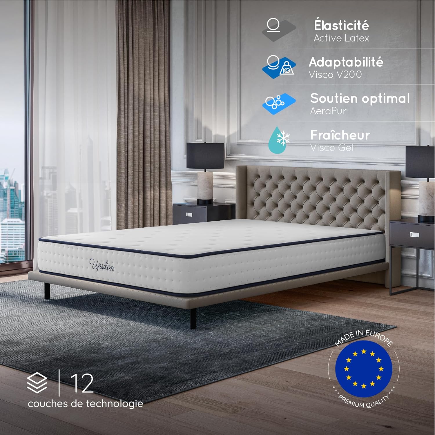 COSMOS - Upsilon - 140x200 cm - Mémoire de forme, latex, mi-ferme, 7 zones, réversible