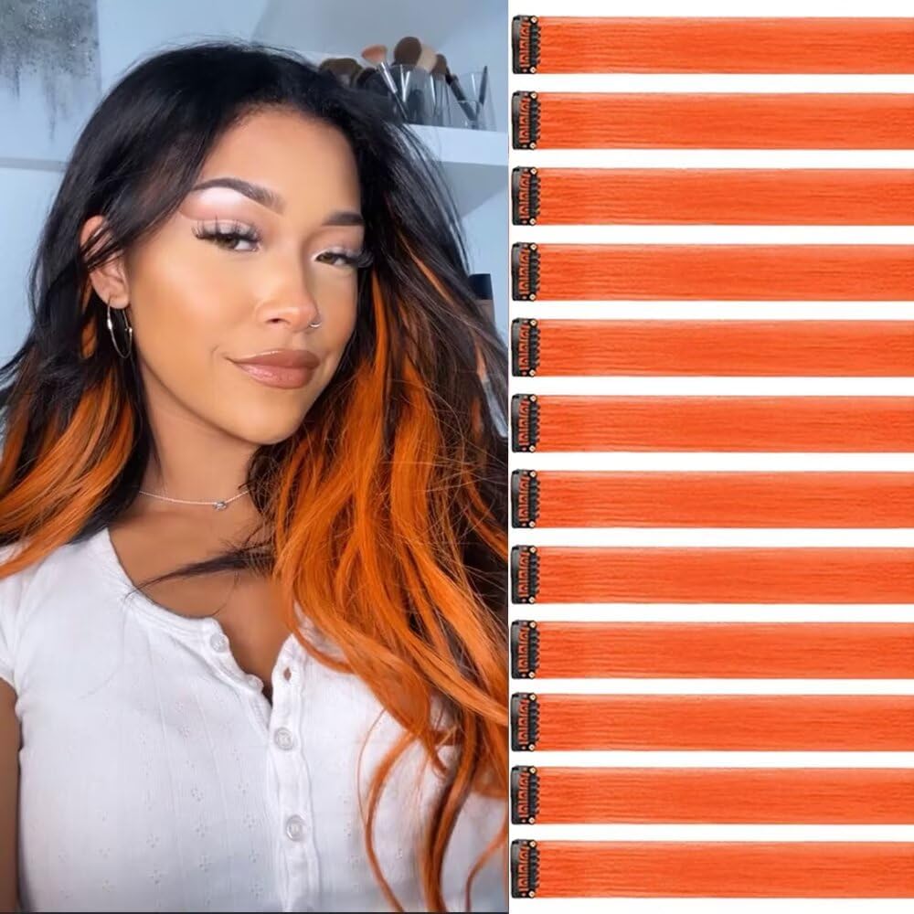 Extension Cheveux - rajout naturel 55cm, 12 pièces, orange/rouge, fête