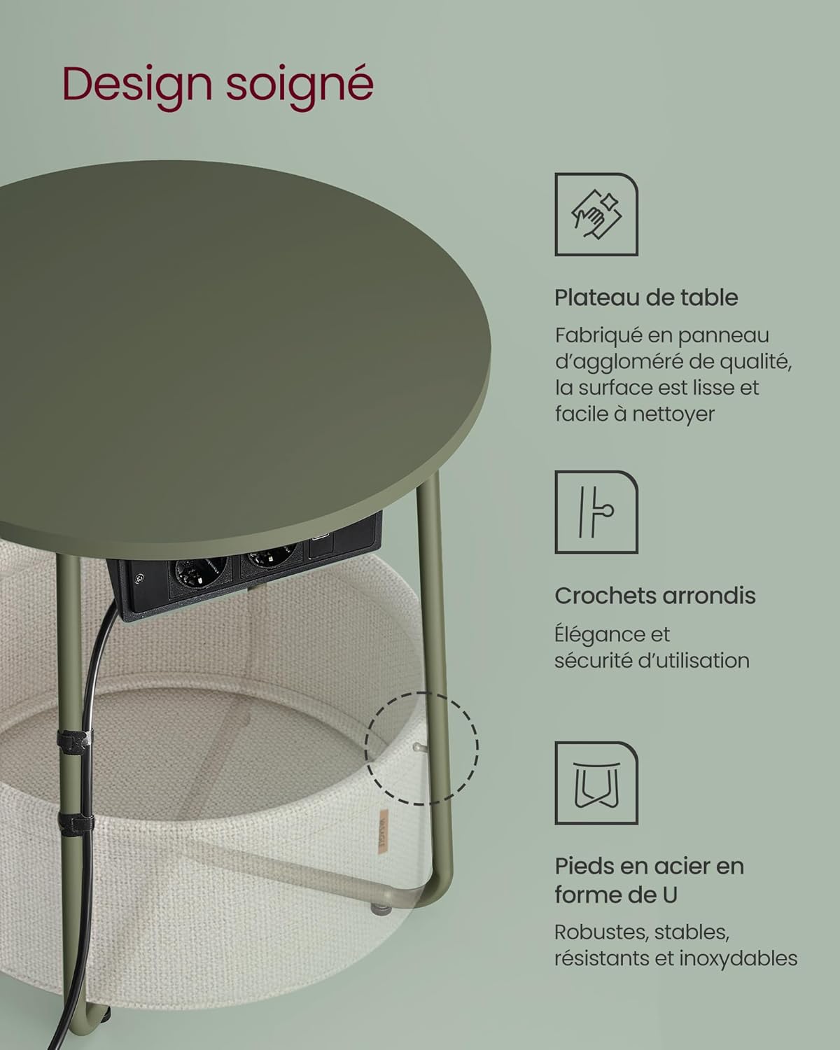 VASAGLE - Petite table basse moderne, 45x45x54 cm, panier tissu, multiprise, vert forêt/blanc crème, LET228C05