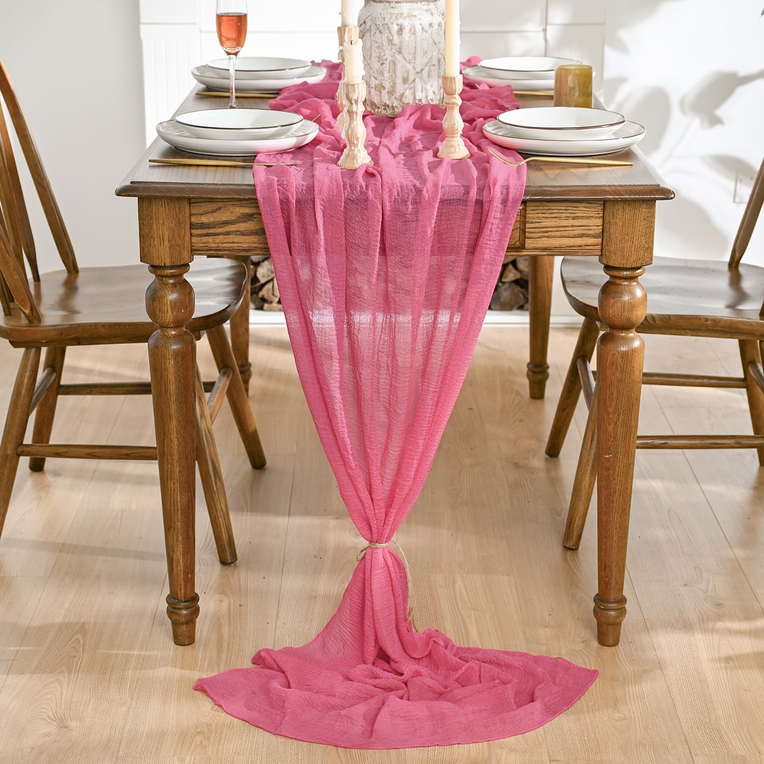 Artoid Mode - Chemin de table bohême gaze mousseline 300cm - rouge rose, décoration mariage et fêtes